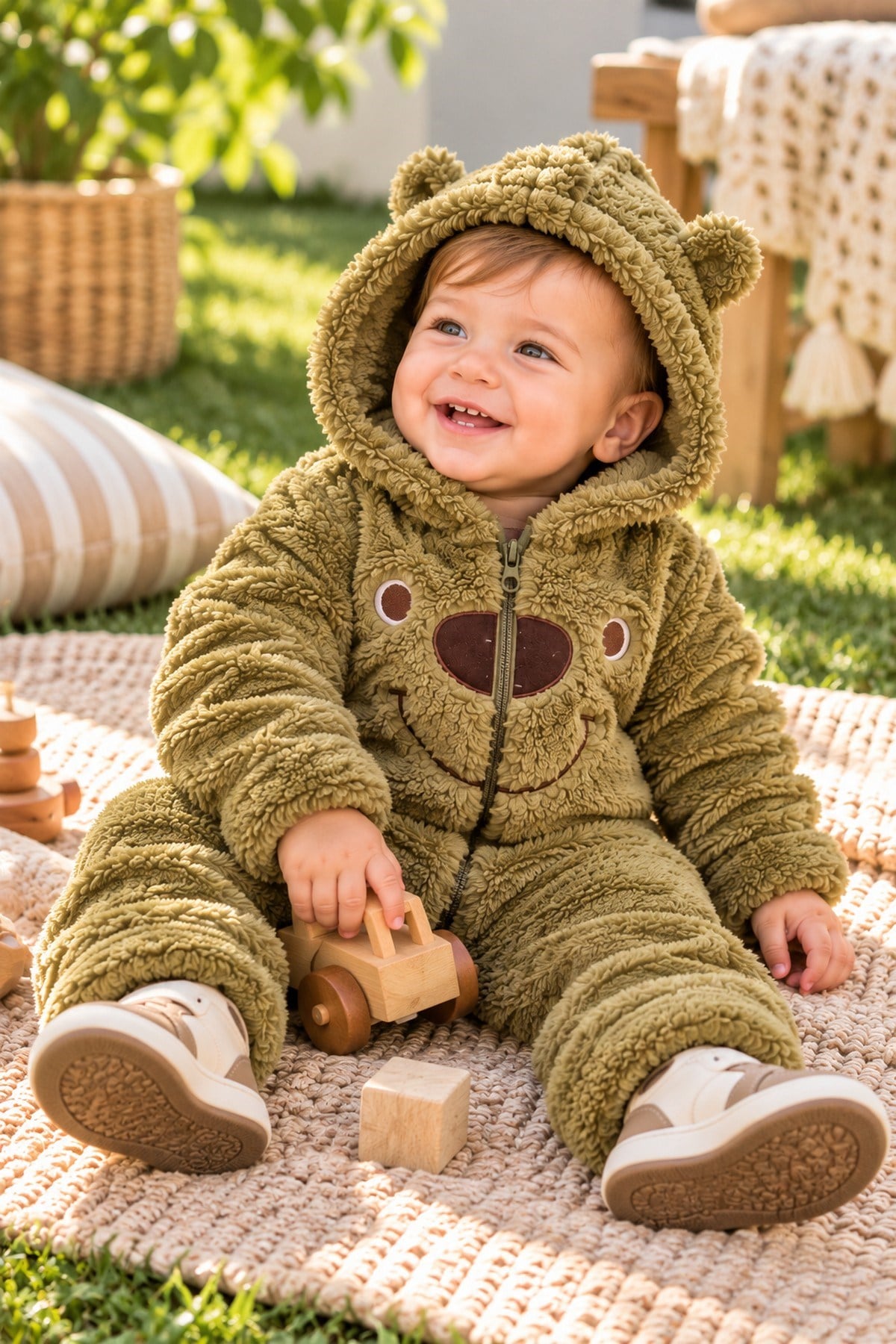 Erkek Bebek Tulum Ayıcık Kulaklı Kapüşonlu Peluş Fermuarlı Kışlık Tulum 0-12ay