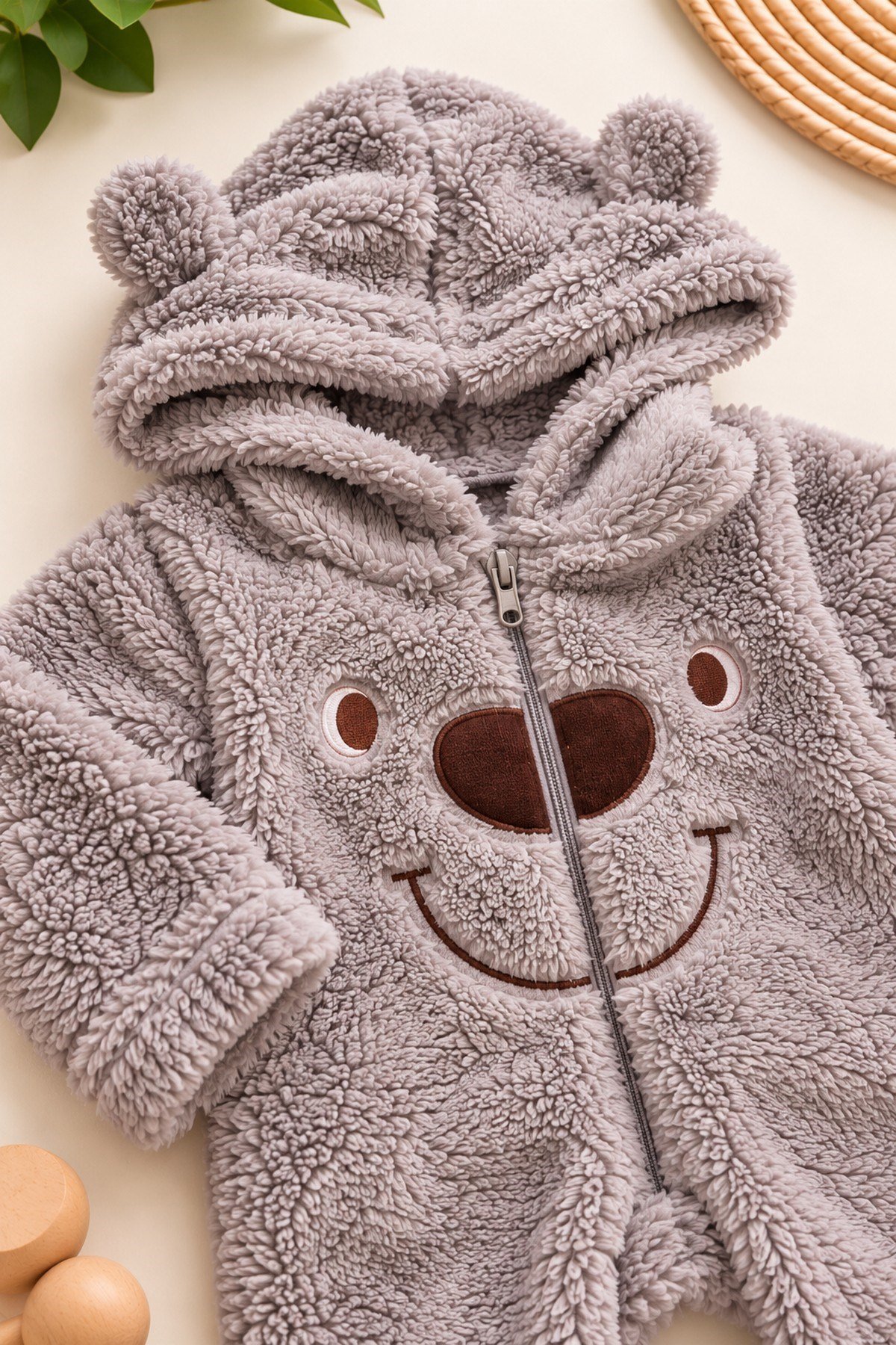 Erkek Bebek Tulum Ayıcık Kulaklı Kapüşonlu Peluş Fermuarlı Kışlık Tulum 0-12ay