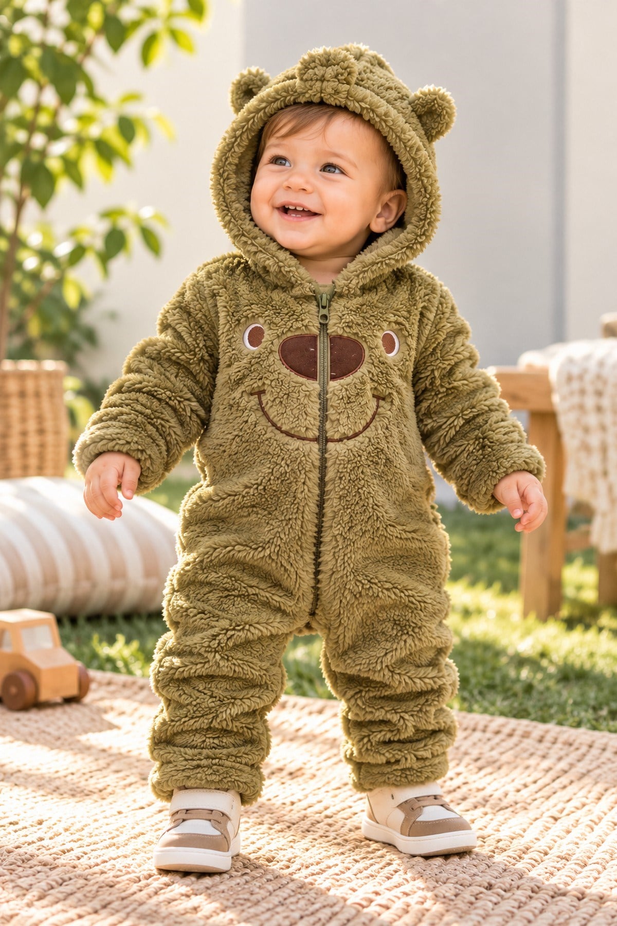 Erkek Bebek Tulum Ayıcık Kulaklı Kapüşonlu Peluş Fermuarlı Kışlık Tulum 0-12ay