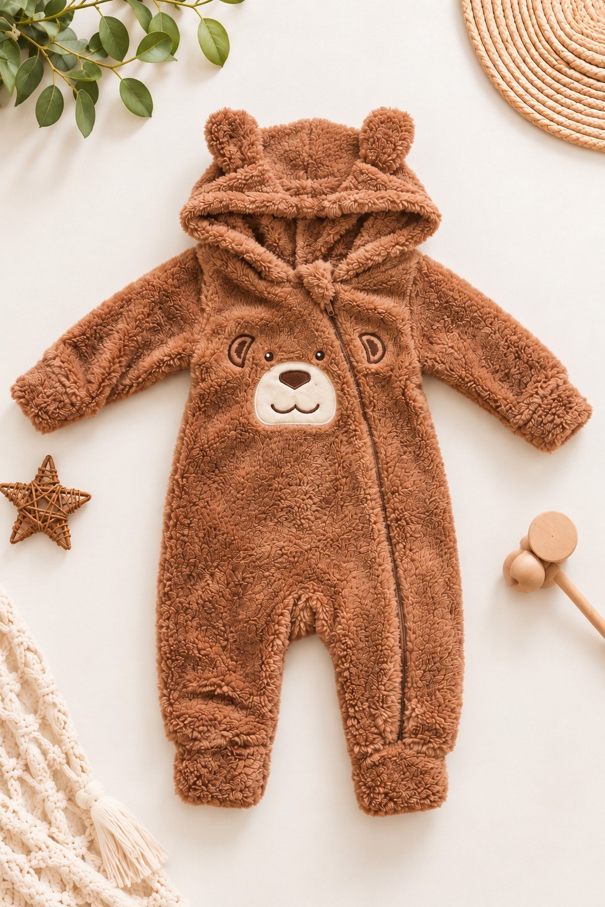 Erkek Bebek Tulum Welsoft Tatlı Ayıcık Nakışlı Peluş Kapüşonlu Fermuarlı Manşetli Kışlık 0-12ay