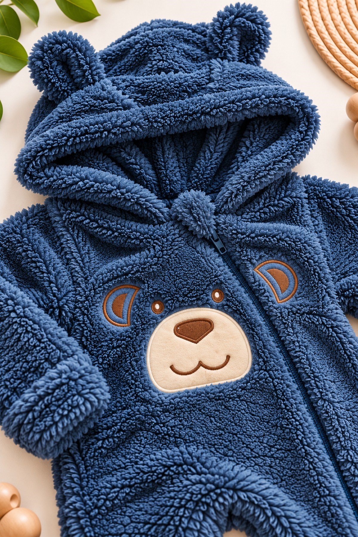 Erkek Bebek Tulum Welsoft Tatlı Ayıcık Nakışlı Peluş Kapüşonlu Fermuarlı Manşetli Kışlık 0-12ay