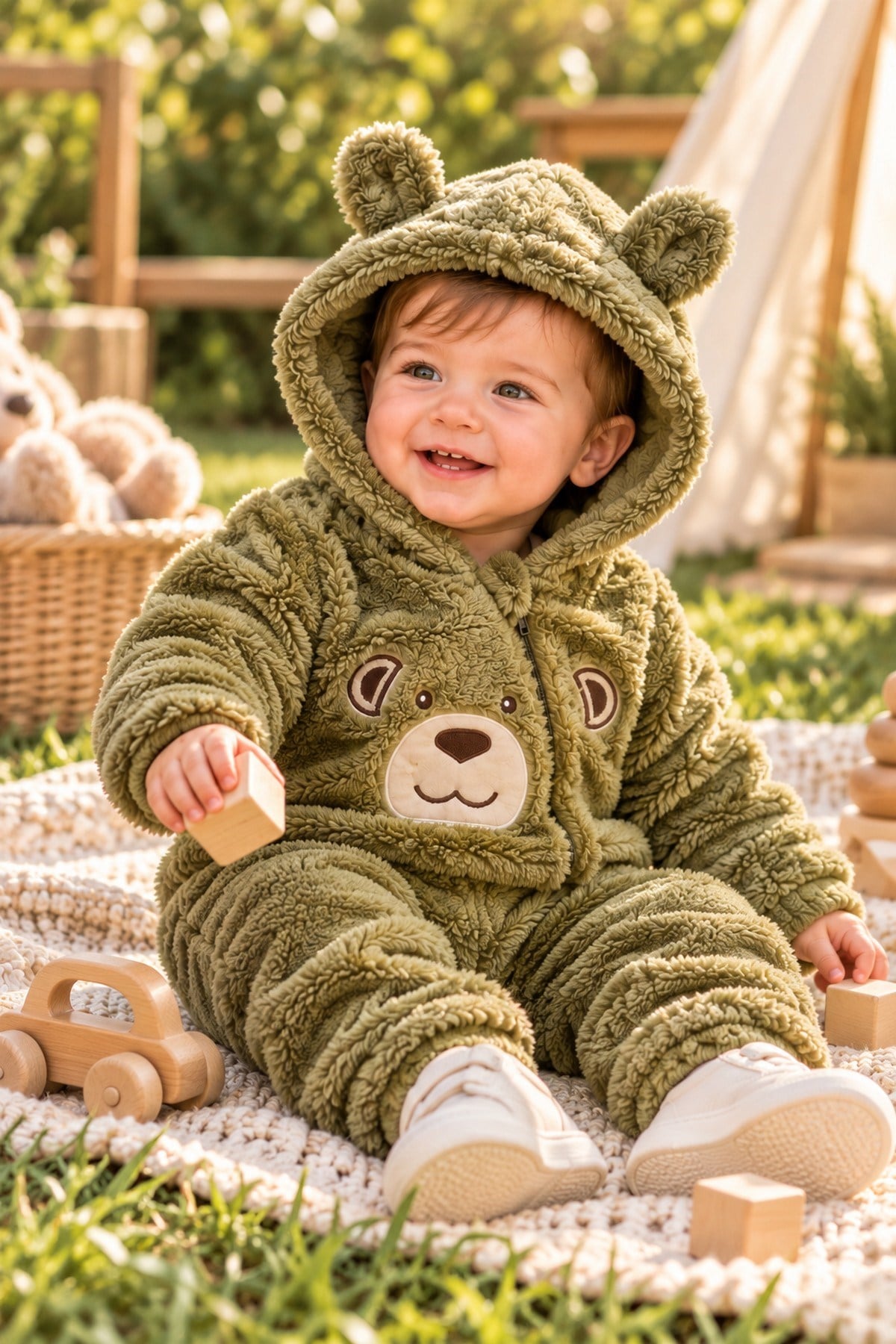 Erkek Bebek Tulum Welsoft Tatlı Ayıcık Nakışlı Peluş Kapüşonlu Fermuarlı Manşetli Kışlık 0-12ay