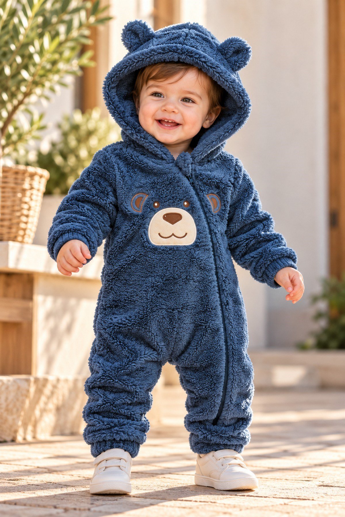 Erkek Bebek Tulum Welsoft Tatlı Ayıcık Nakışlı Peluş Kapüşonlu Fermuarlı Manşetli Kışlık 0-12ay