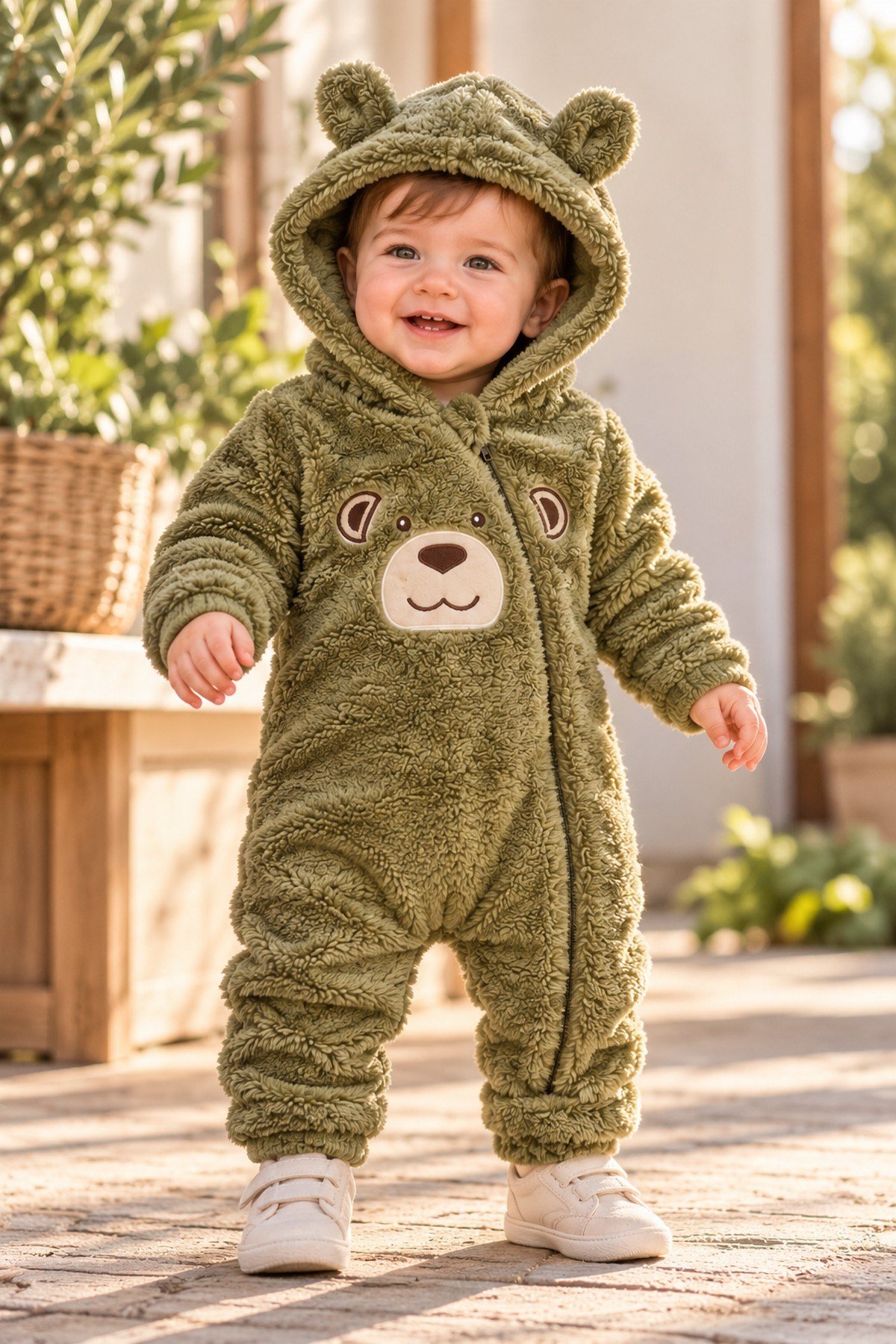 Erkek Bebek Tulum Welsoft Tatlı Ayıcık Nakışlı Peluş Kapüşonlu Fermuarlı Manşetli Kışlık 0-12ay