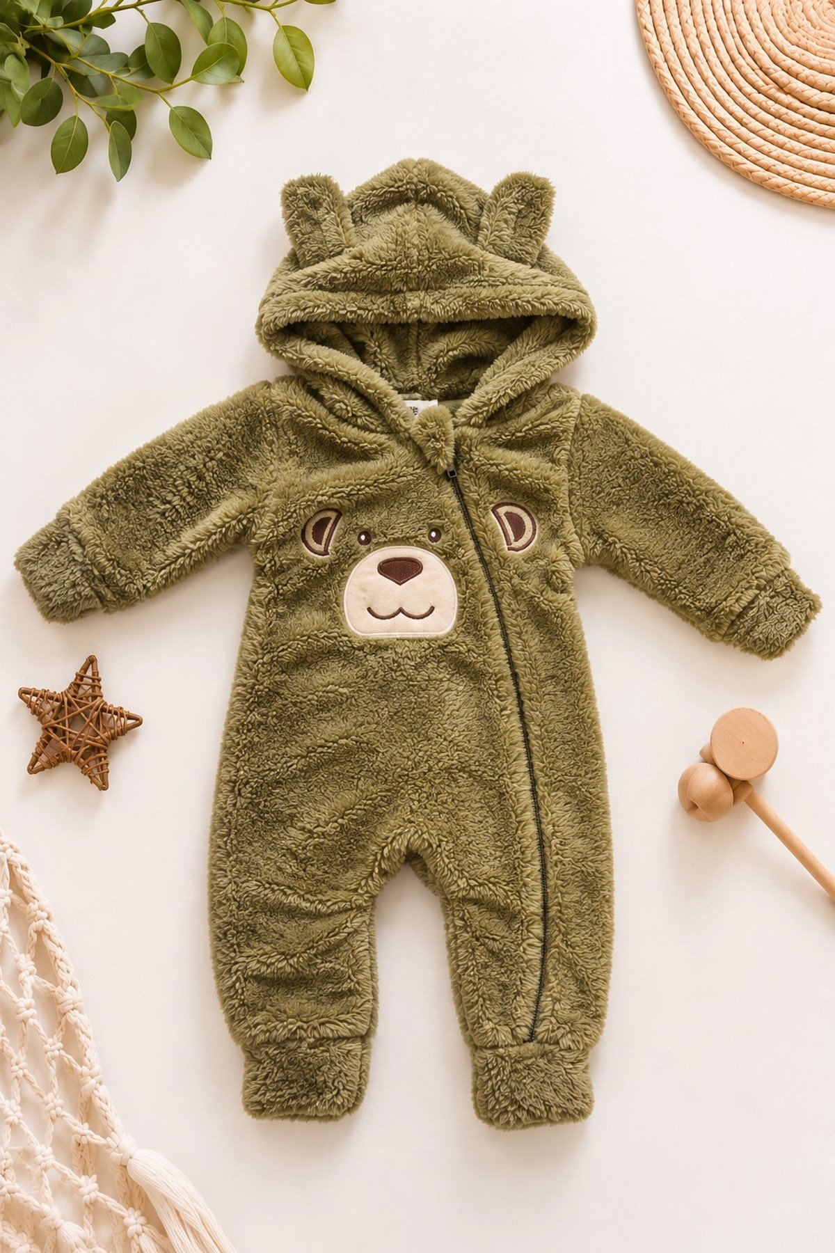 Erkek Bebek Tulum Welsoft Tatlı Ayıcık Nakışlı Peluş Kapüşonlu Fermuarlı Manşetli Kışlık 0-12ay