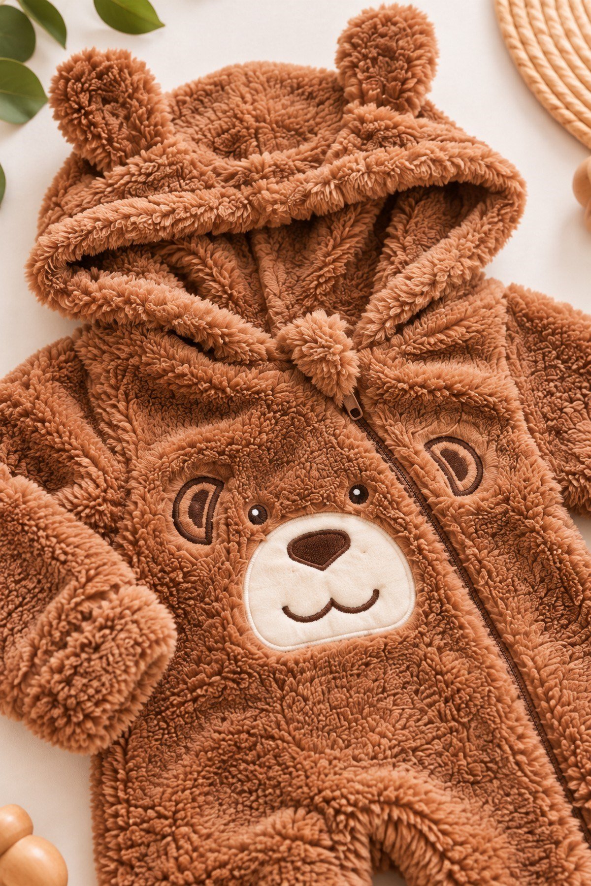 Erkek Bebek Tulum Welsoft Tatlı Ayıcık Nakışlı Peluş Kapüşonlu Fermuarlı Manşetli Kışlık 0-12ay