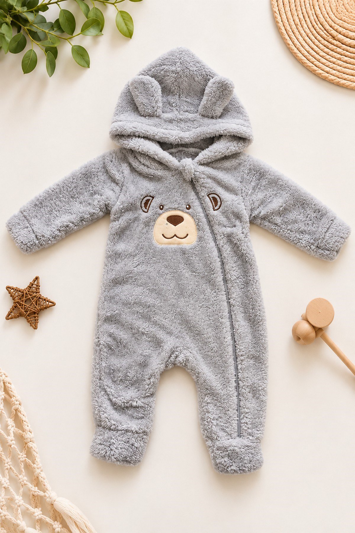 Erkek Bebek Tulum Welsoft Tatlı Ayıcık Nakışlı Peluş Kapüşonlu Fermuarlı Manşetli Kışlık 0-12ay