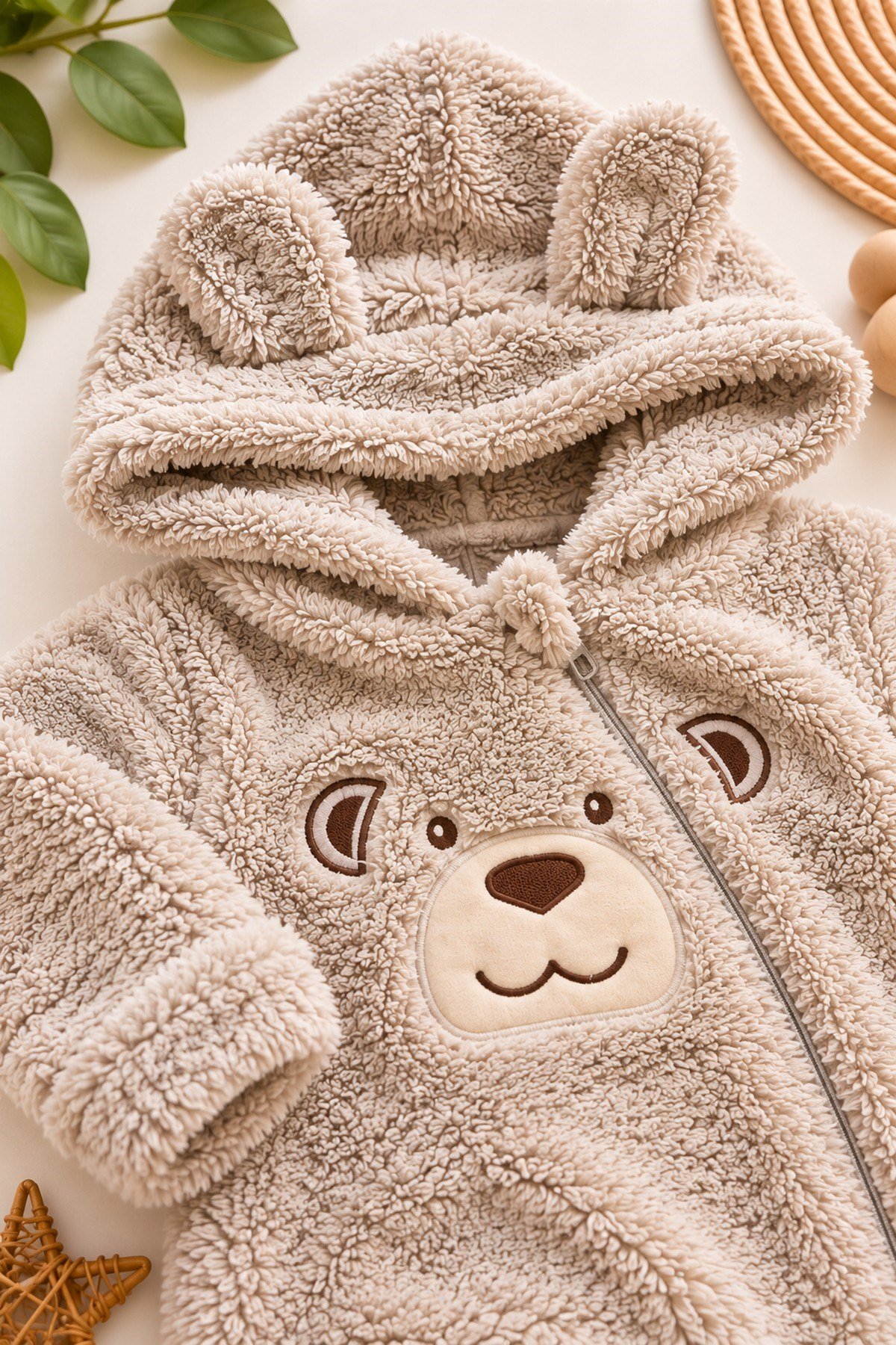 Erkek Bebek Tulum Welsoft Tatlı Ayıcık Nakışlı Peluş Kapüşonlu Fermuarlı Manşetli Kışlık 0-12ay
