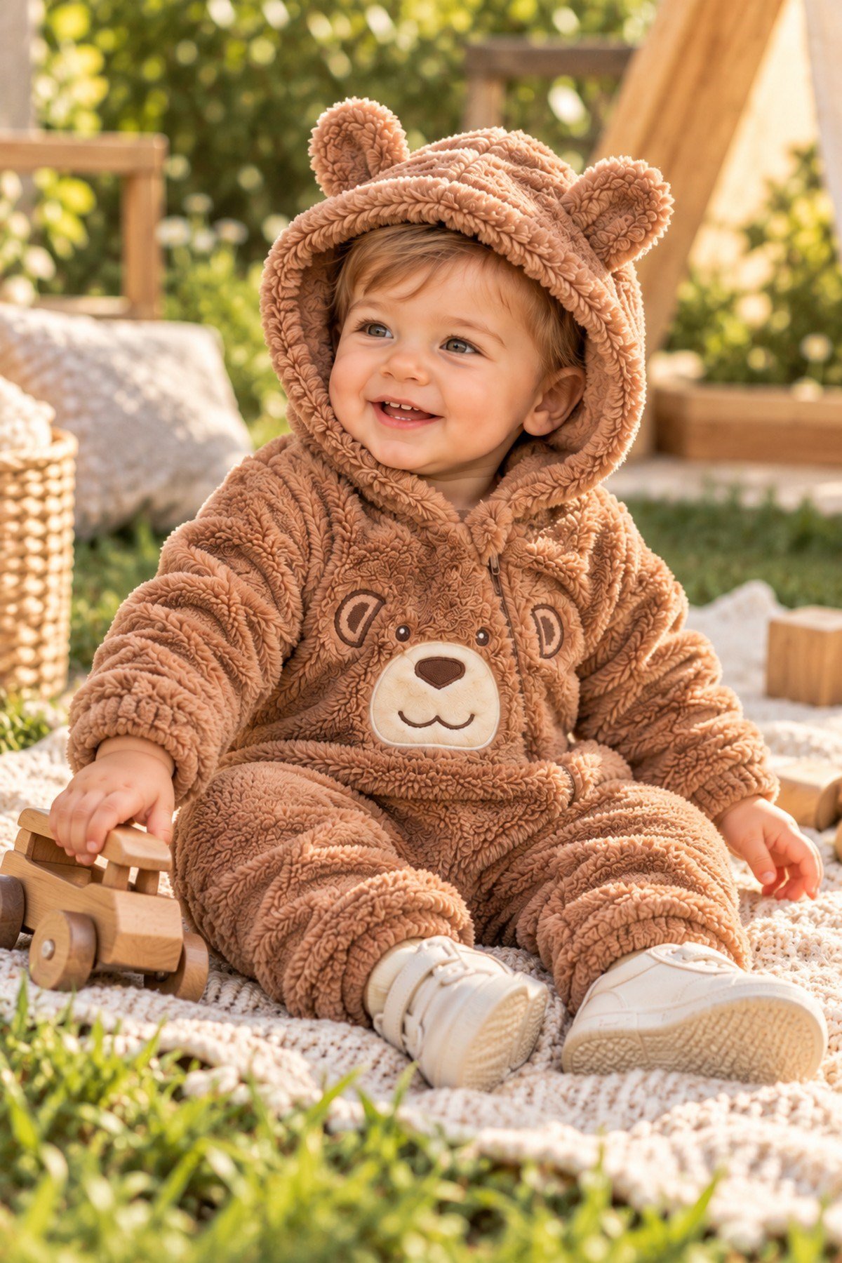 Erkek Bebek Tulum Welsoft Tatlı Ayıcık Nakışlı Peluş Kapüşonlu Fermuarlı Manşetli Kışlık 0-12ay