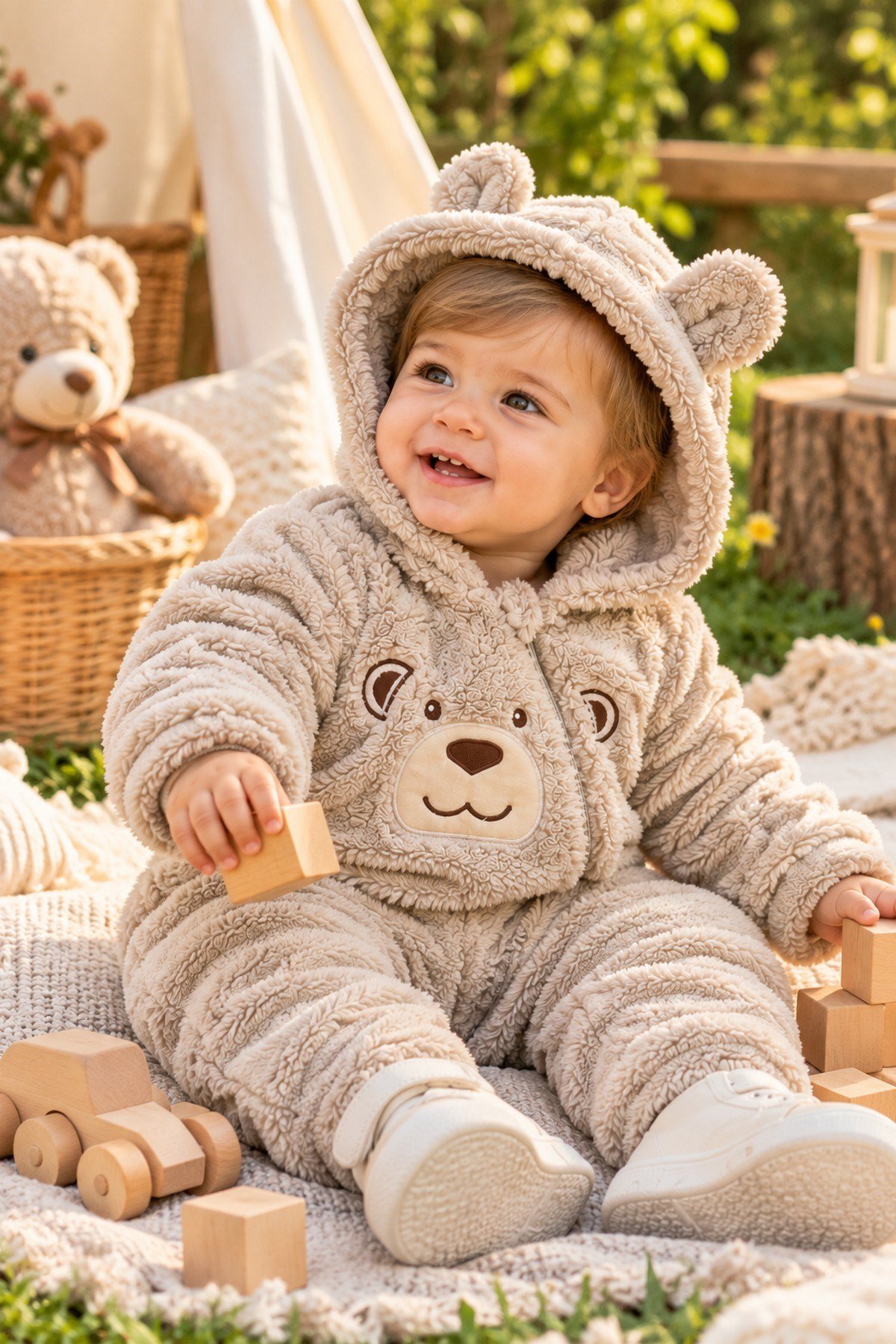 Erkek Bebek Tulum Welsoft Tatlı Ayıcık Nakışlı Peluş Kapüşonlu Fermuarlı Manşetli Kışlık 0-12ay