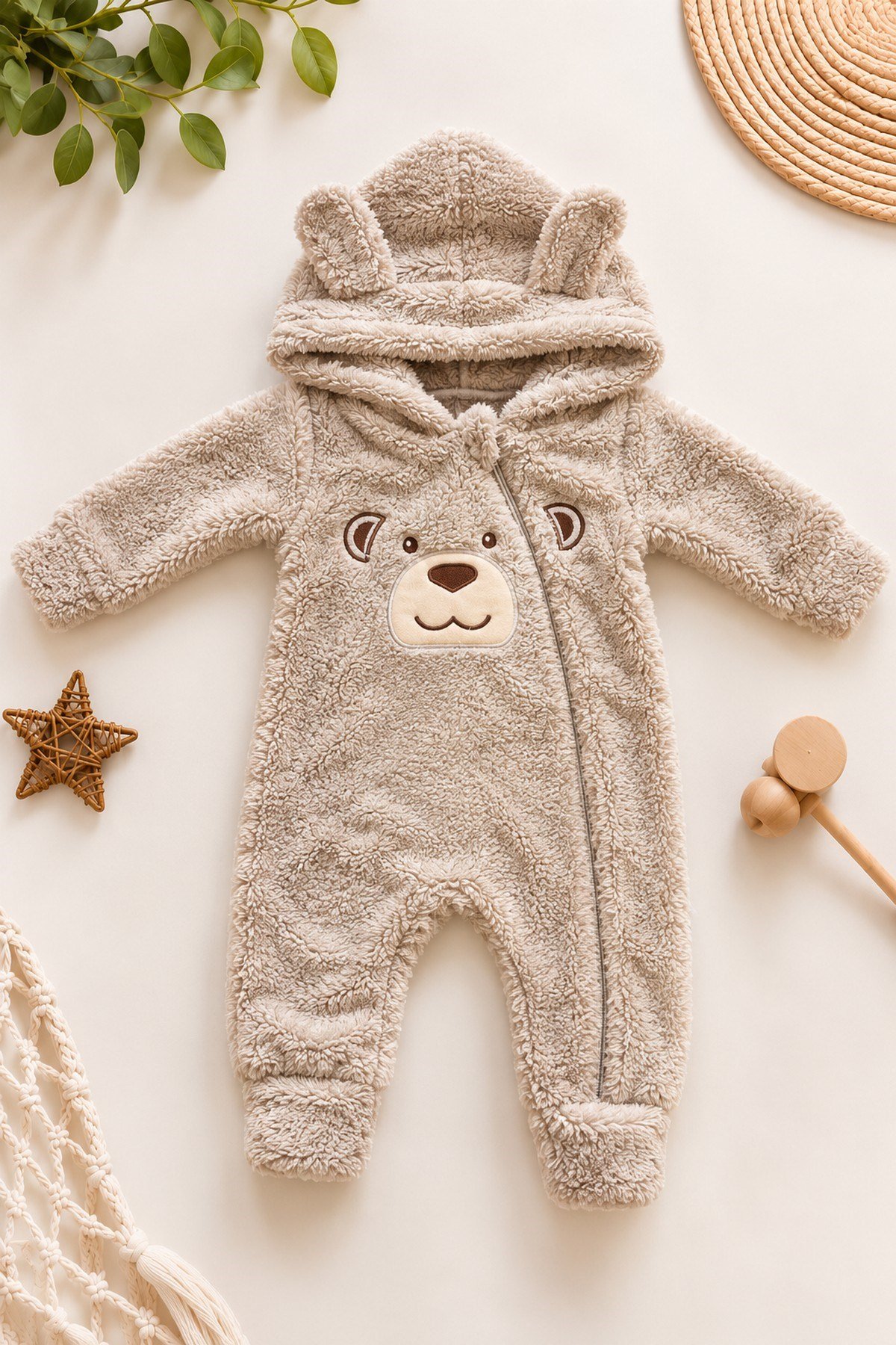 Erkek Bebek Tulum Welsoft Tatlı Ayıcık Nakışlı Peluş Kapüşonlu Fermuarlı Manşetli Kışlık 0-12ay