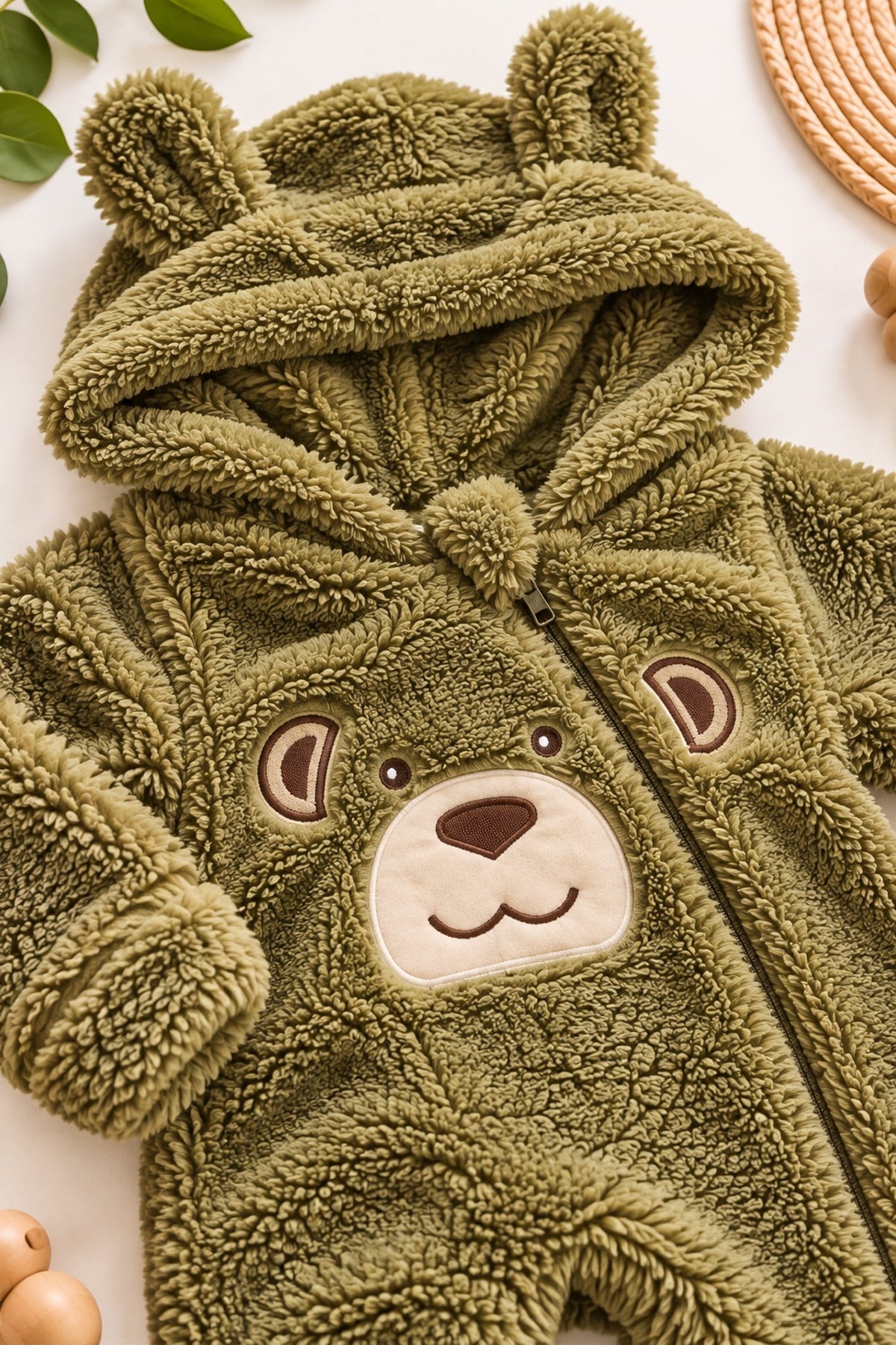Erkek Bebek Tulum Welsoft Tatlı Ayıcık Nakışlı Peluş Kapüşonlu Fermuarlı Manşetli Kışlık 0-12ay