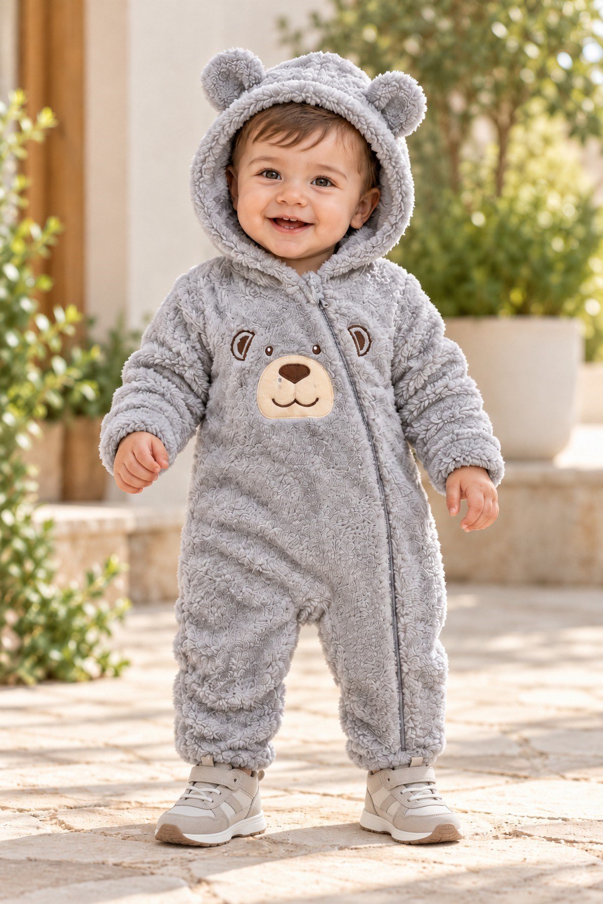 Erkek Bebek Tulum Welsoft Tatlı Ayıcık Nakışlı Peluş Kapüşonlu Fermuarlı Manşetli Kışlık 0-12ay