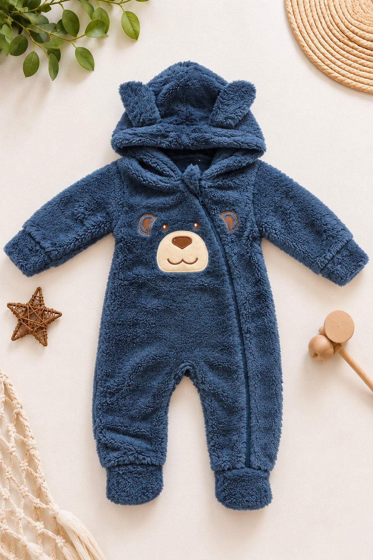 Erkek Bebek Tulum Welsoft Tatlı Ayıcık Nakışlı Peluş Kapüşonlu Fermuarlı Manşetli Kışlık 0-12ay