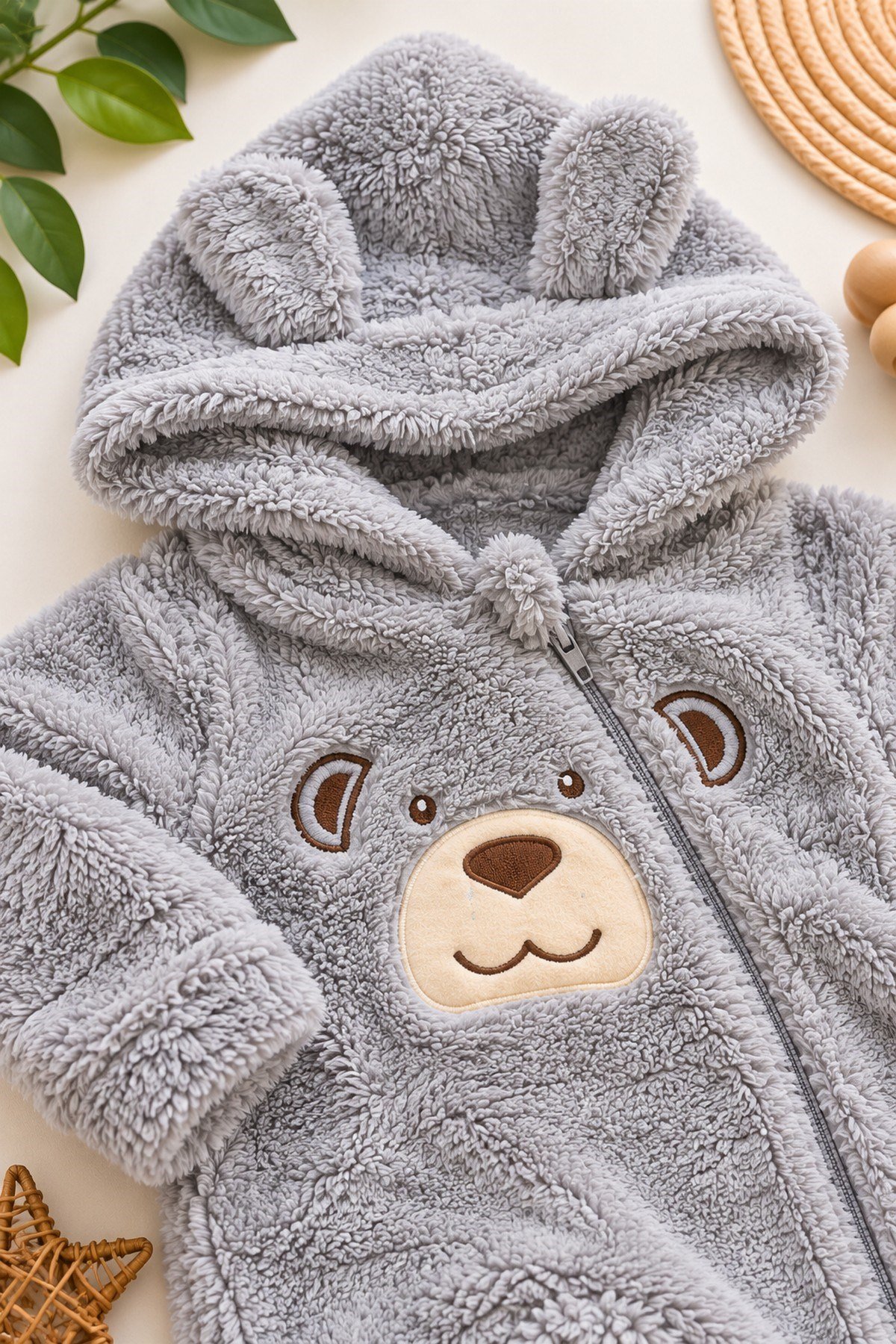 Erkek Bebek Tulum Welsoft Tatlı Ayıcık Nakışlı Peluş Kapüşonlu Fermuarlı Manşetli Kışlık 0-12ay