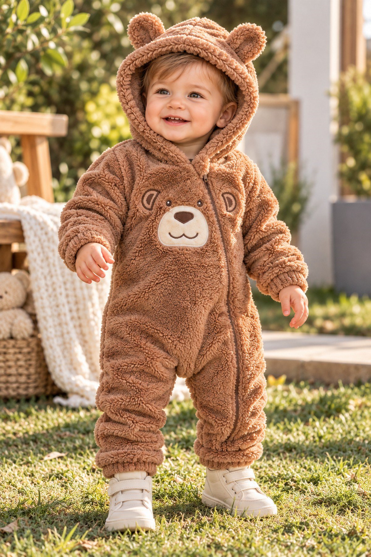 Erkek Bebek Tulum Welsoft Tatlı Ayıcık Nakışlı Peluş Kapüşonlu Fermuarlı Manşetli Kışlık 0-12ay