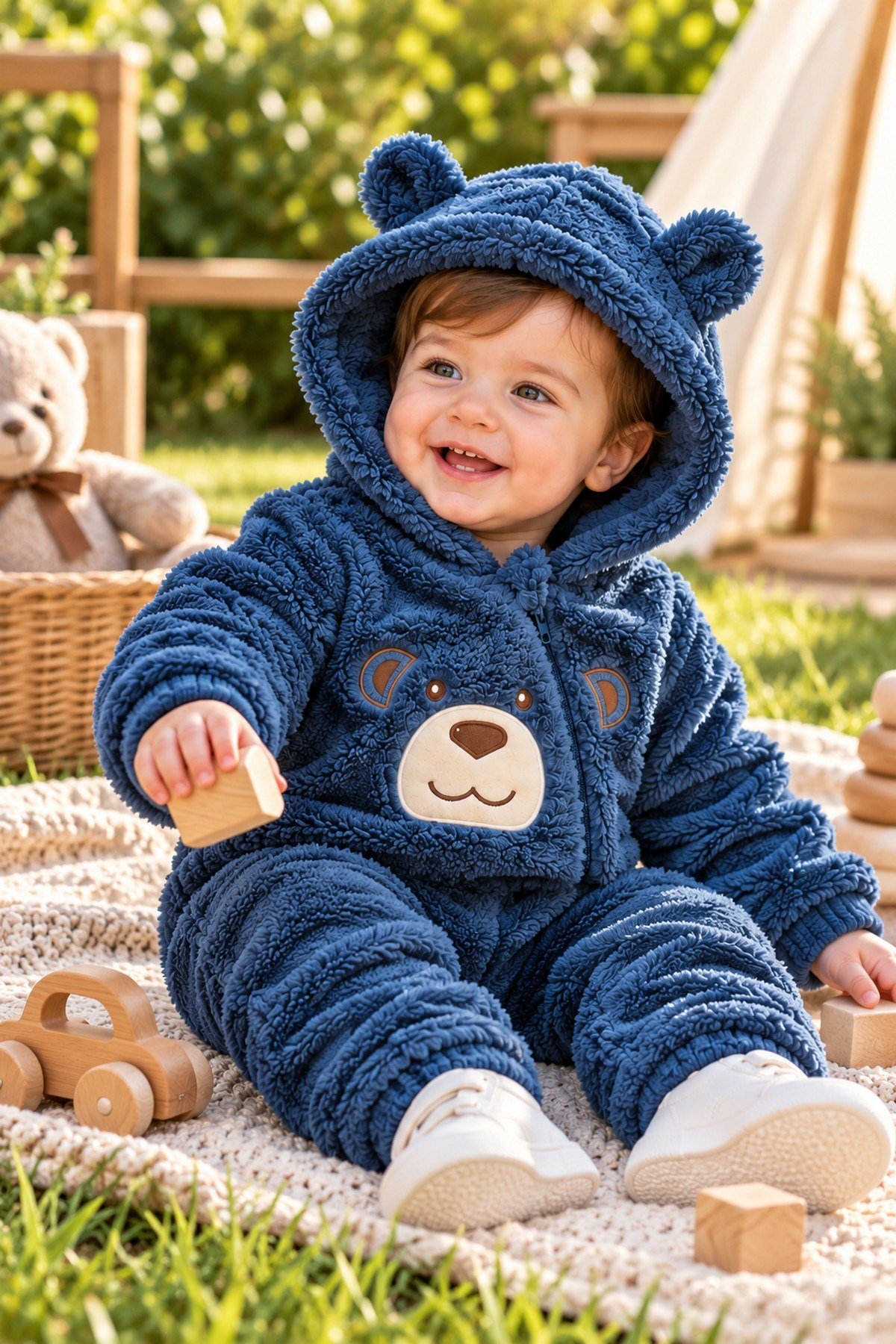 Erkek Bebek Tulum Welsoft Tatlı Ayıcık Nakışlı Peluş Kapüşonlu Fermuarlı Manşetli Kışlık 0-12ay