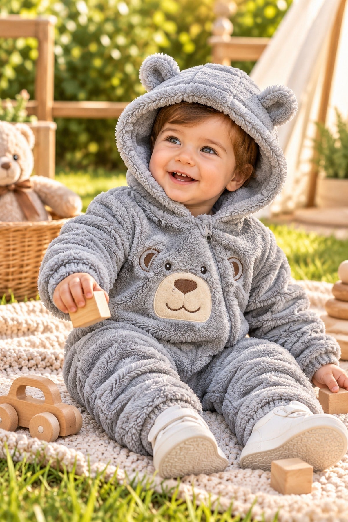 Erkek Bebek Tulum Welsoft Tatlı Ayıcık Nakışlı Peluş Kapüşonlu Fermuarlı Manşetli Kışlık 0-12ay