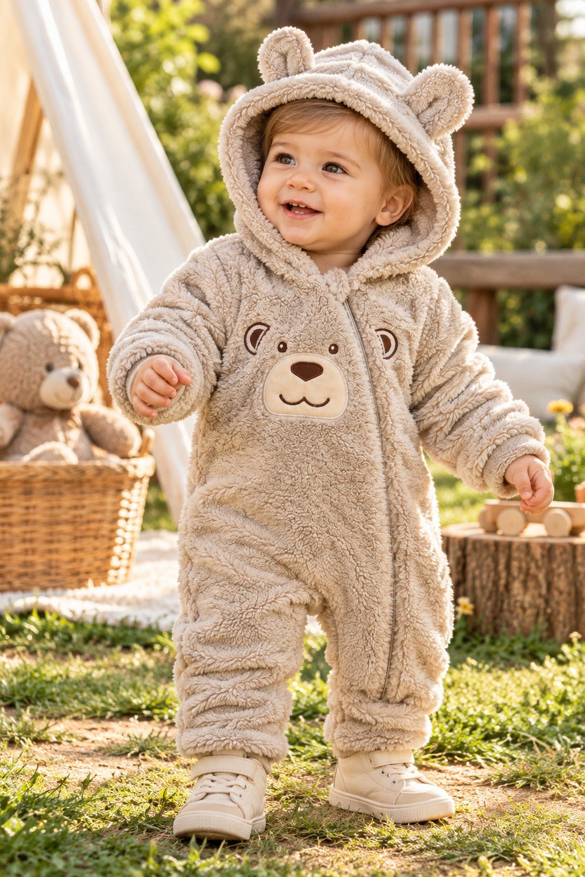 Erkek Bebek Tulum Welsoft Tatlı Ayıcık Nakışlı Peluş Kapüşonlu Fermuarlı Manşetli Kışlık 0-12ay