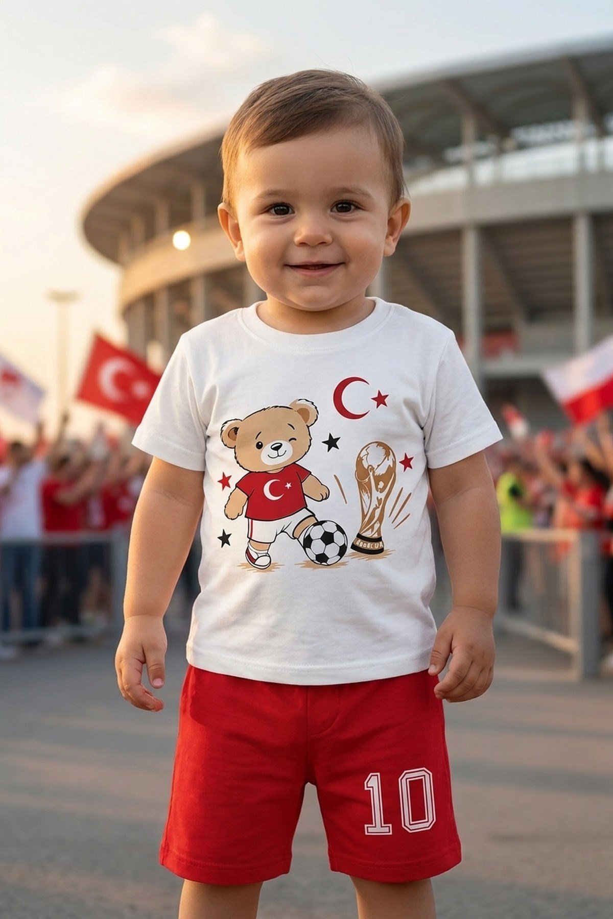 Erkek Bebek Unısex Bizim Çocuklar Ay Yıldız Kupa Ayıcık Baskılı Şortlu Yazlık 2'li Takım 3-12aylık Türkiye Ay Yıldız