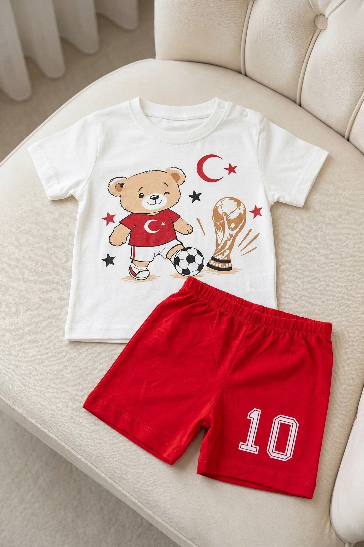 Erkek Bebek Unısex Bizim Çocuklar Ay Yıldız Kupa Ayıcık Baskılı Şortlu Yazlık 2'li Takım 3-12aylık Türkiye Ay Yıldız