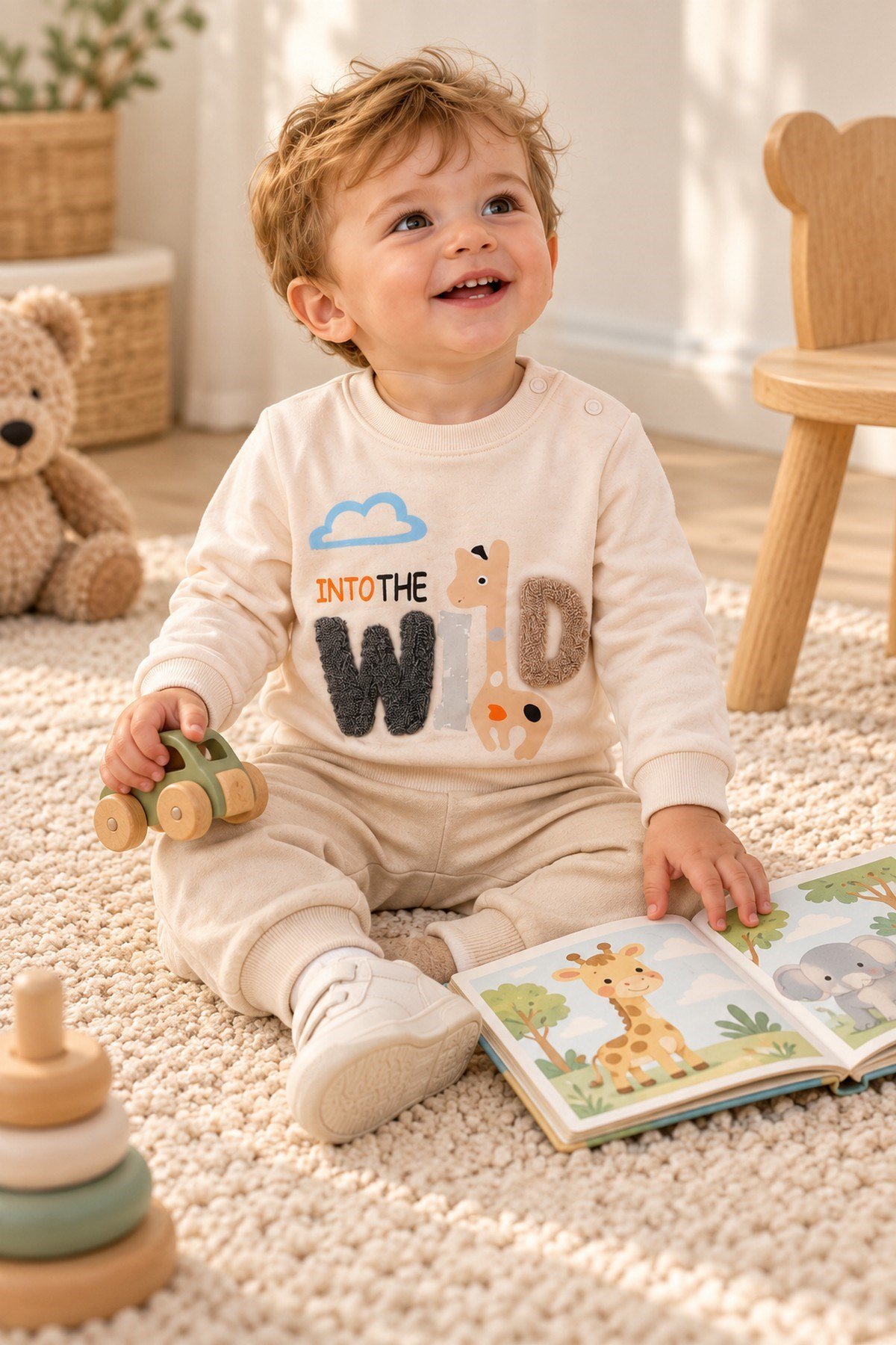 Erkek Bebek Wild Nakışlı Sweatshirt ve Alt Eşofman 2'li Takım 3-6-9-12ay