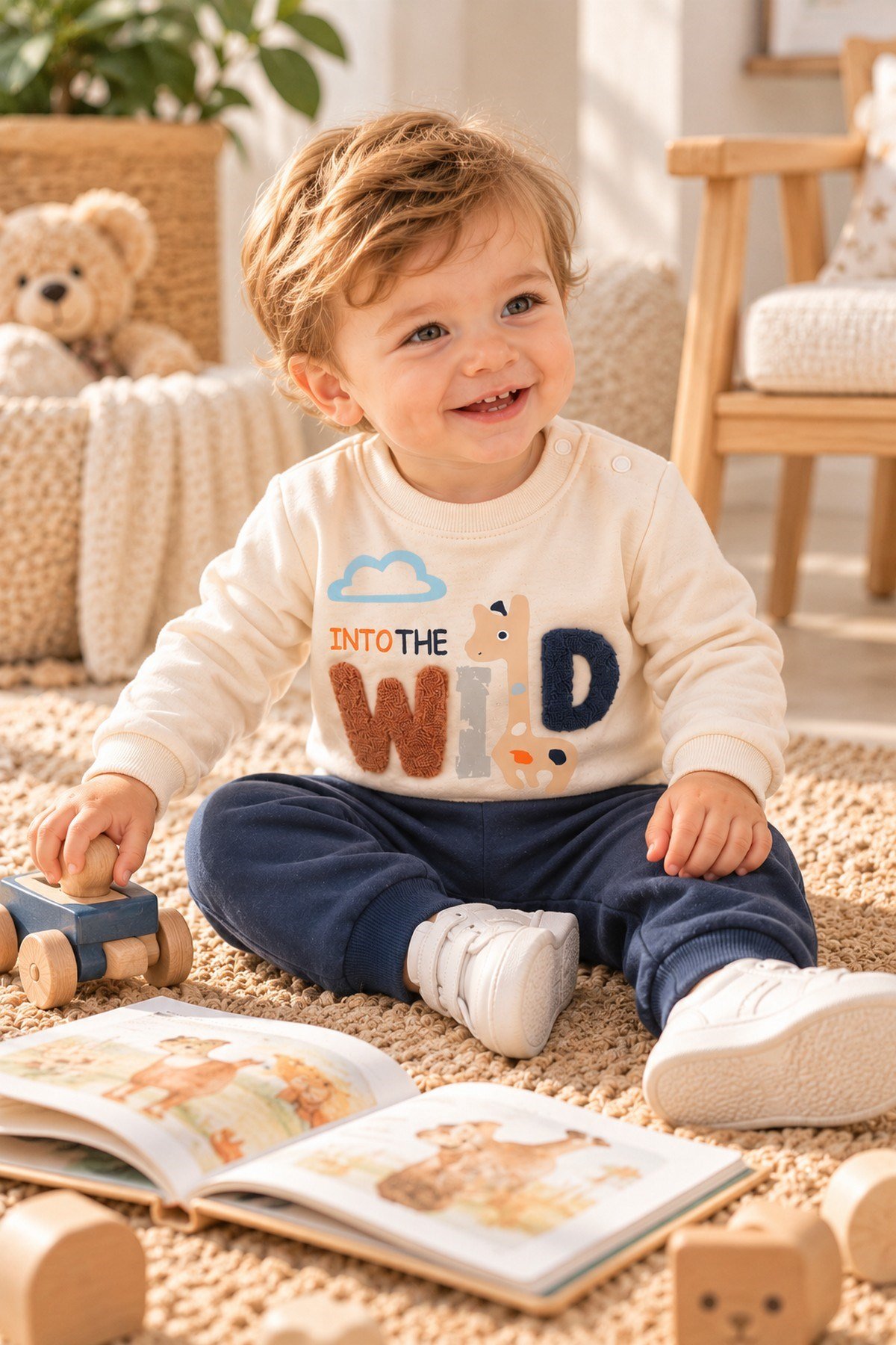 Erkek Bebek Wild Nakışlı Sweatshirt ve Alt Eşofman 2'li Takım 3-6-9-12ay
