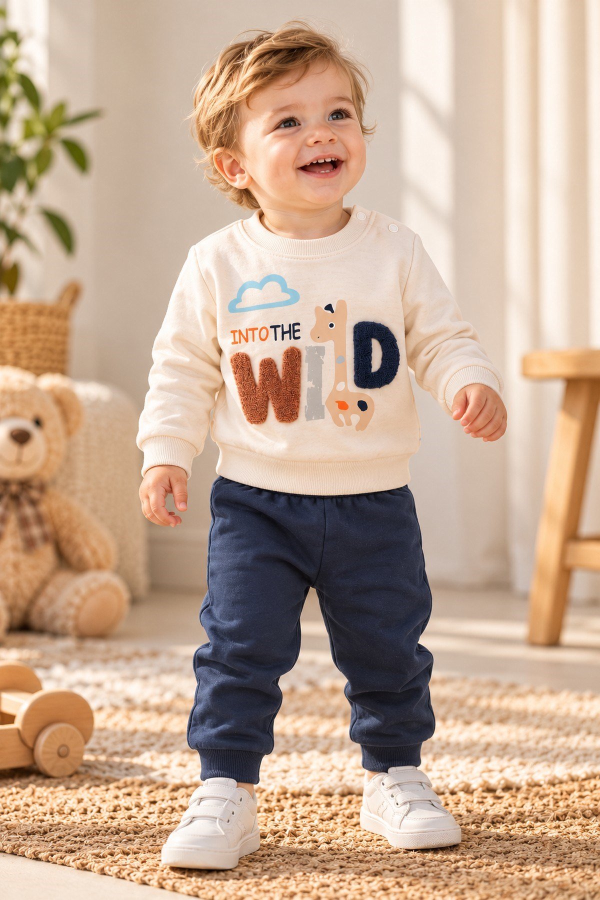 Erkek Bebek Wild Nakışlı Sweatshirt ve Alt Eşofman 2'li Takım 3-6-9-12ay