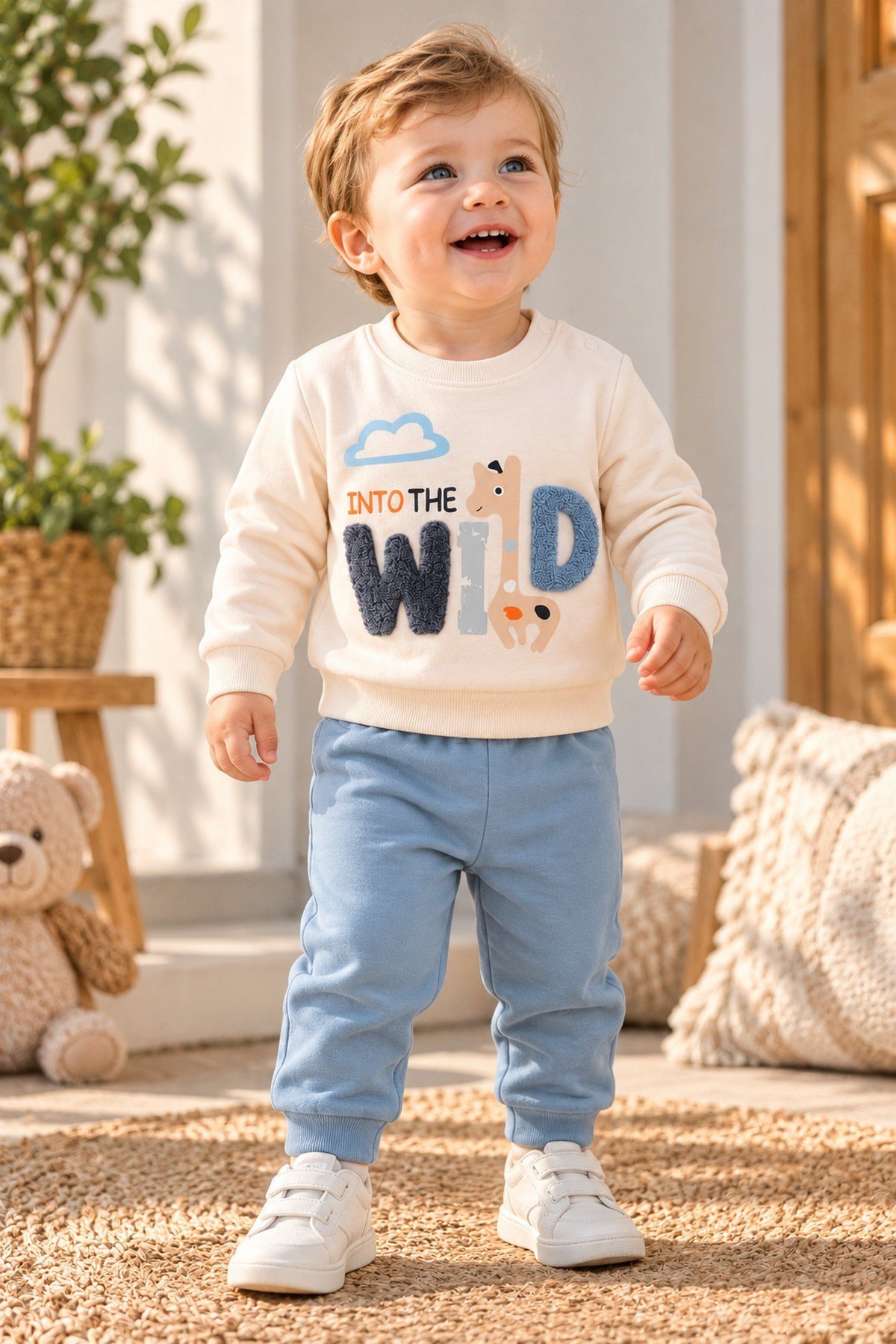 Erkek Bebek Wild Nakışlı Sweatshirt ve Alt Eşofman 2'li Takım 3-6-9-12ay