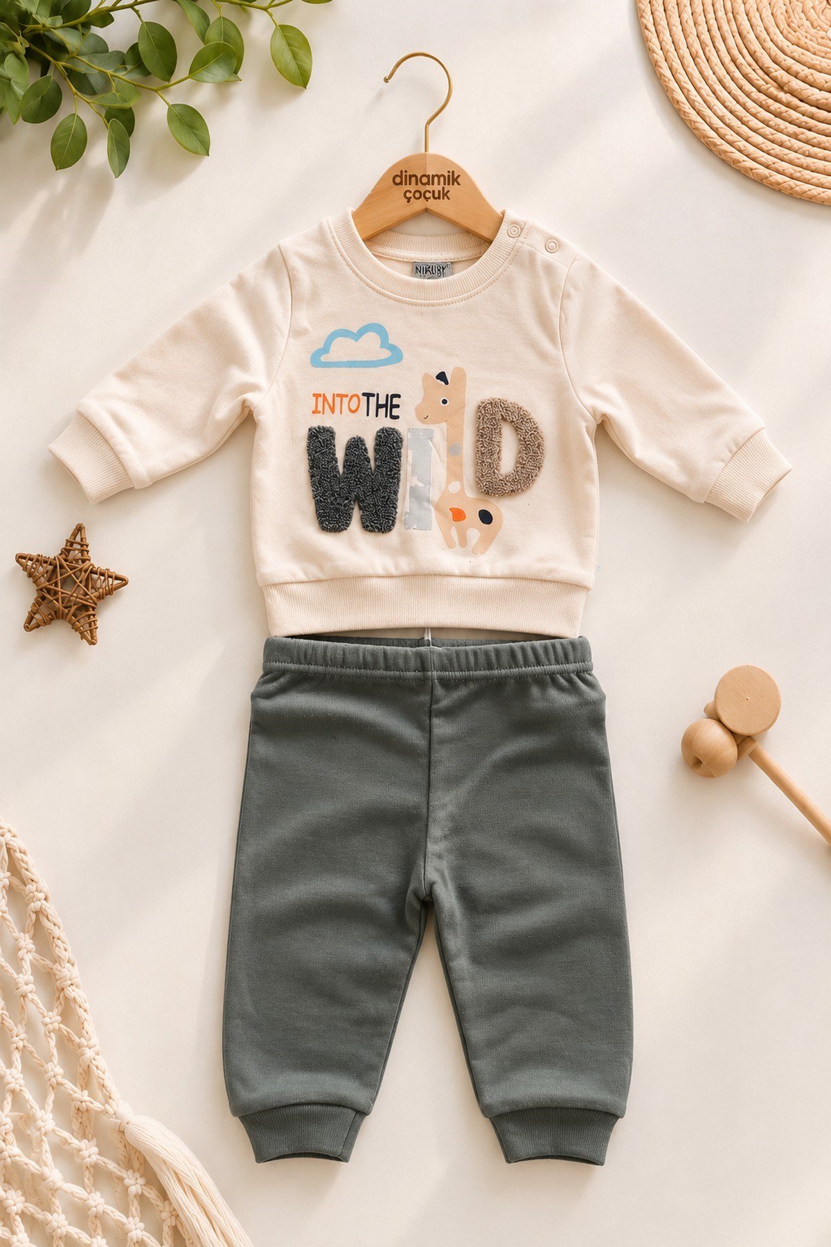 Erkek Bebek Wild Nakışlı Sweatshirt ve Alt Eşofman 2'li Takım 3-6-9-12ay