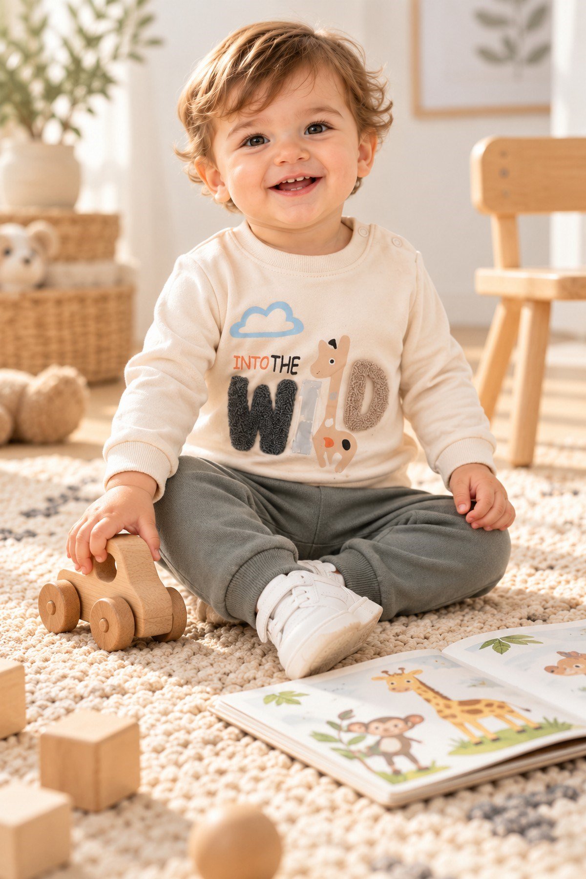 Erkek Bebek Wild Nakışlı Sweatshirt ve Alt Eşofman 2'li Takım 3-6-9-12ay