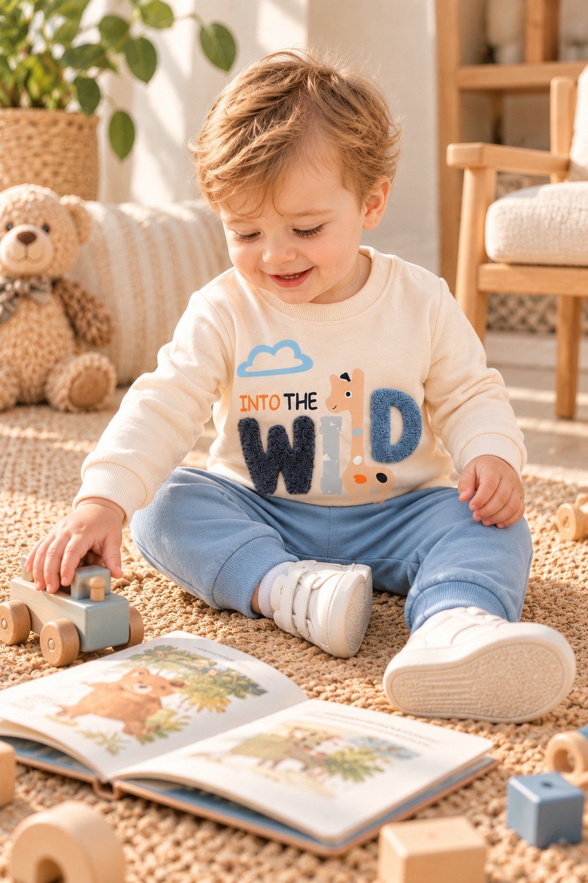Erkek Bebek Wild Nakışlı Sweatshirt ve Alt Eşofman 2'li Takım 3-6-9-12ay