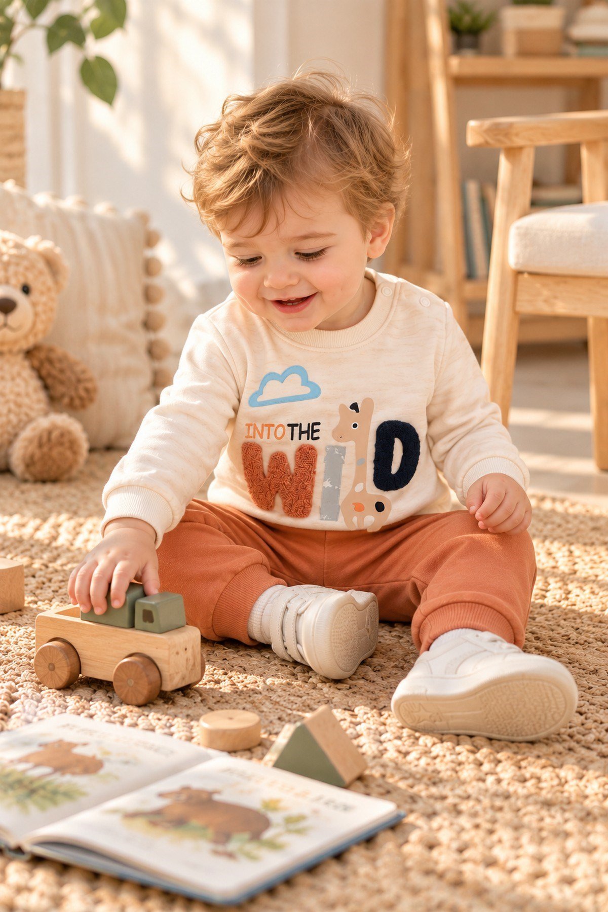 Erkek Bebek Wild Nakışlı Sweatshirt ve Alt Eşofman 2'li Takım 3-6-9-12ay
