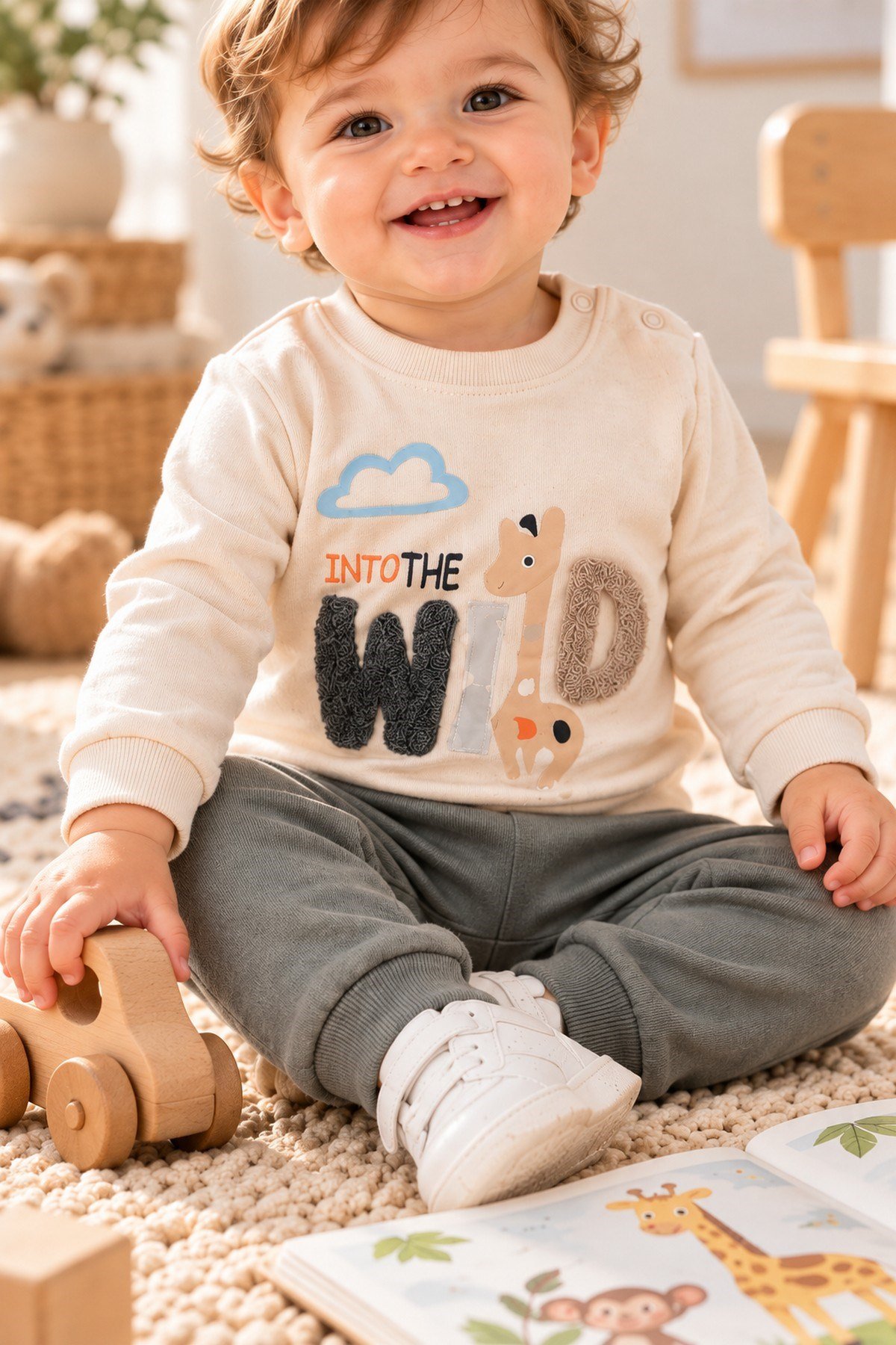 Erkek Bebek Wild Nakışlı Sweatshirt ve Alt Eşofman 2'li Takım 3-6-9-12ay