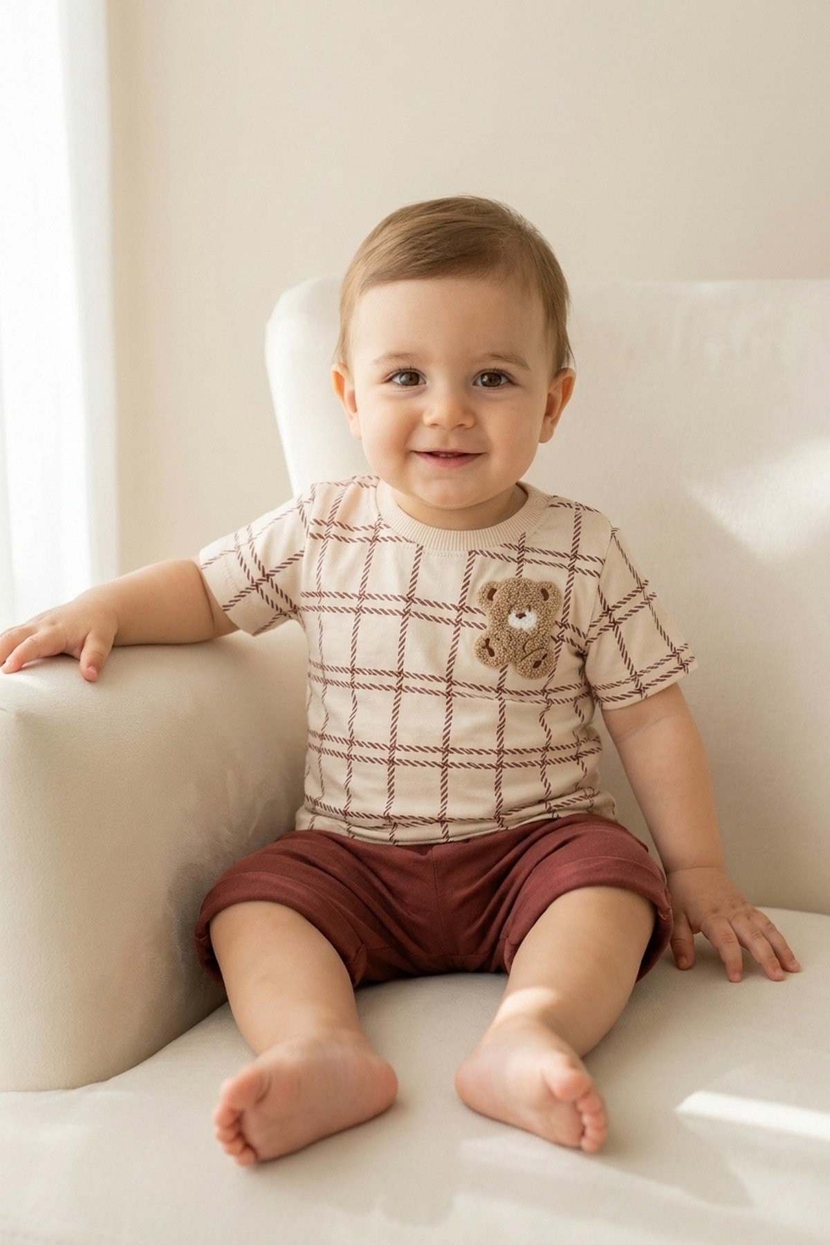 Erkek Bebek Yazlık 2'li Takım Ayıcık İşlemeli Ekose Desenli Şortlu Alt Üst Takım 3-6-9-12 Aylık