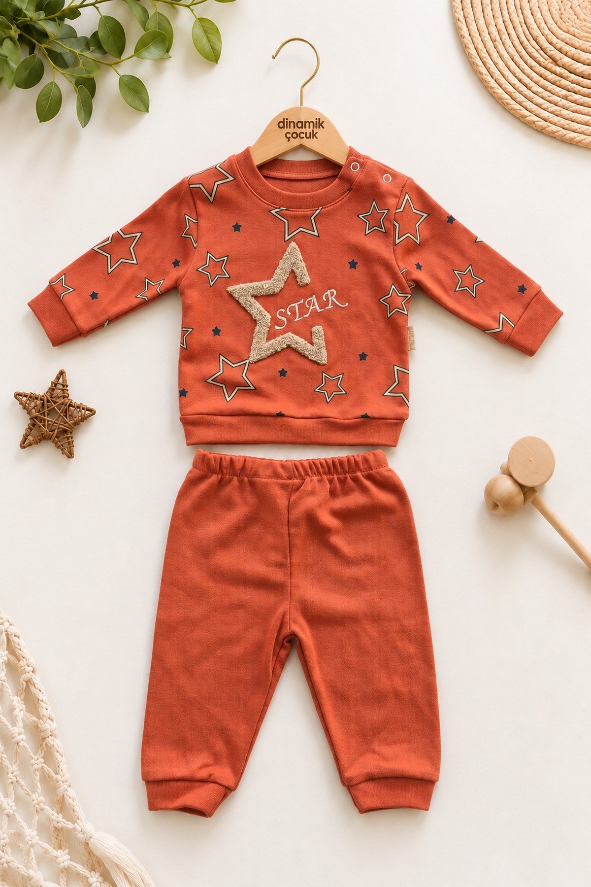 Erkek Bebek Yıldız Desenli Peluş Aplikeli Sweatshirt Alt Eşofman  2'li Alt Üst Takım 6-9-12-18aylık