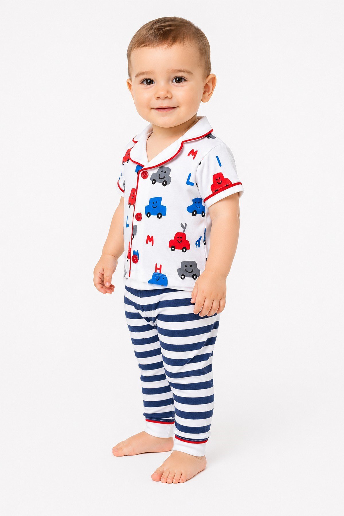 Erkek Bebek/Çocuk Araba Desenli Kısa Kollu Pijama Takımı Yazlık 2'li Alt Üst 6-24aylık