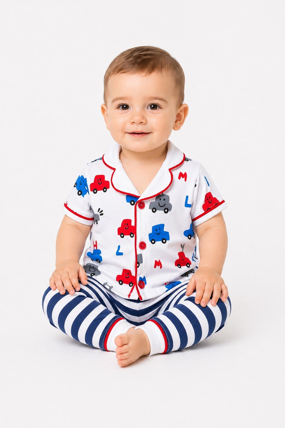 Erkek Bebek/Çocuk Araba Desenli Kısa Kollu Pijama Takımı Yazlık 2'li Alt Üst 6-24aylık