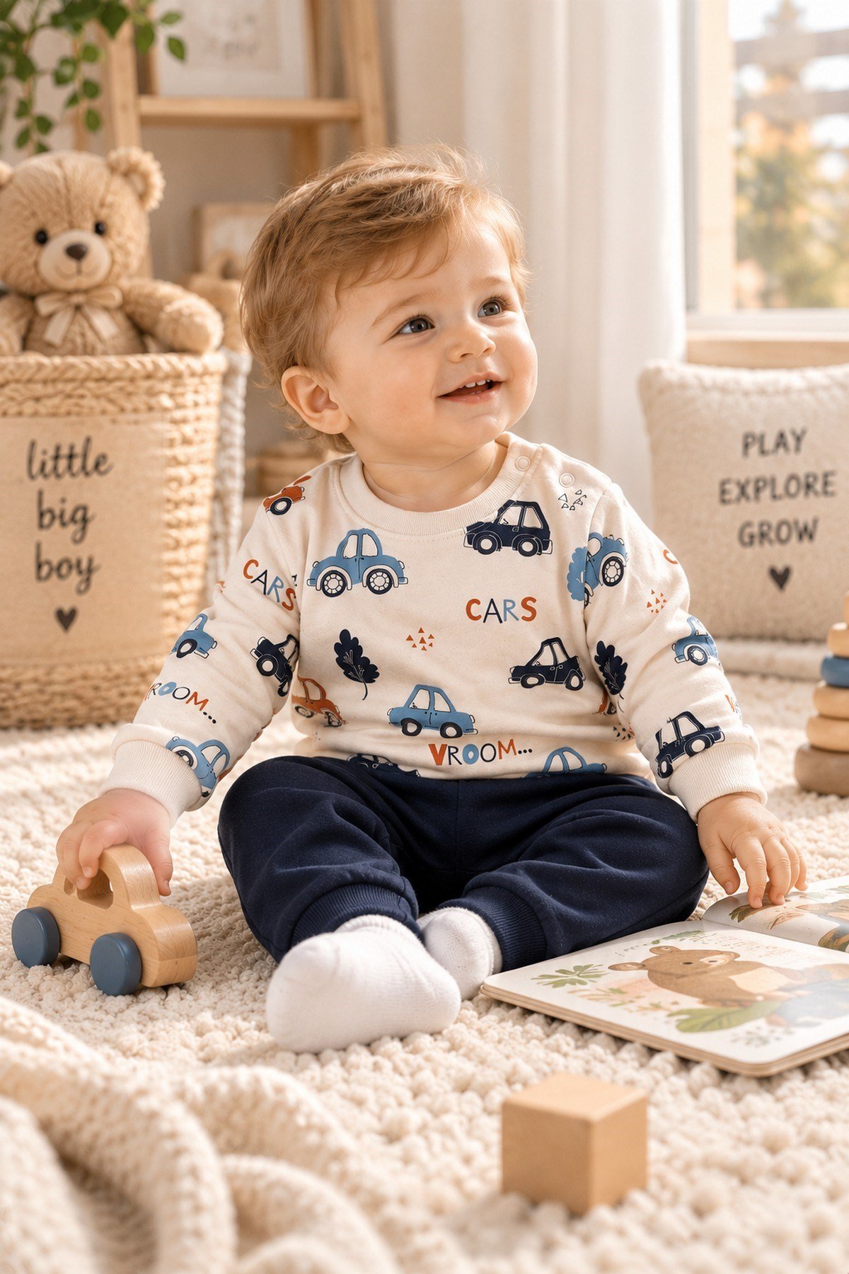 Erkek Bebek/Çocuk Arabas Desenli 2'li Takım Sweatshirt ve Eşofman Altı 3-6-9-12aylık