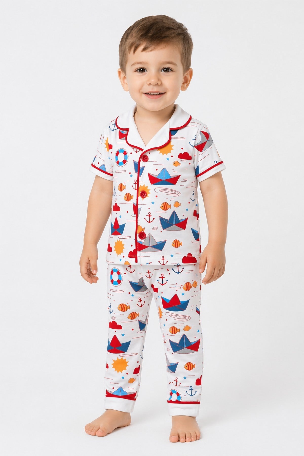 Erkek Bebek/Çocuk Deniz Temalı Yazlık Pijama Takımı Kısa Kollu %100Pamuk 6-24ay 3-6yaş