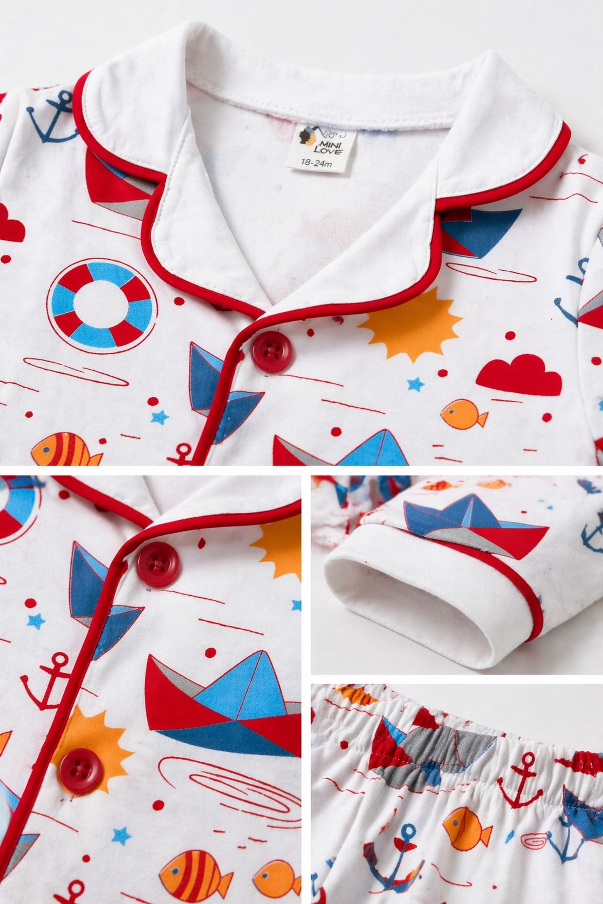 Erkek Bebek/Çocuk Deniz Temalı Yazlık Pijama Takımı Kısa Kollu %100Pamuk 6-24ay 3-6yaş