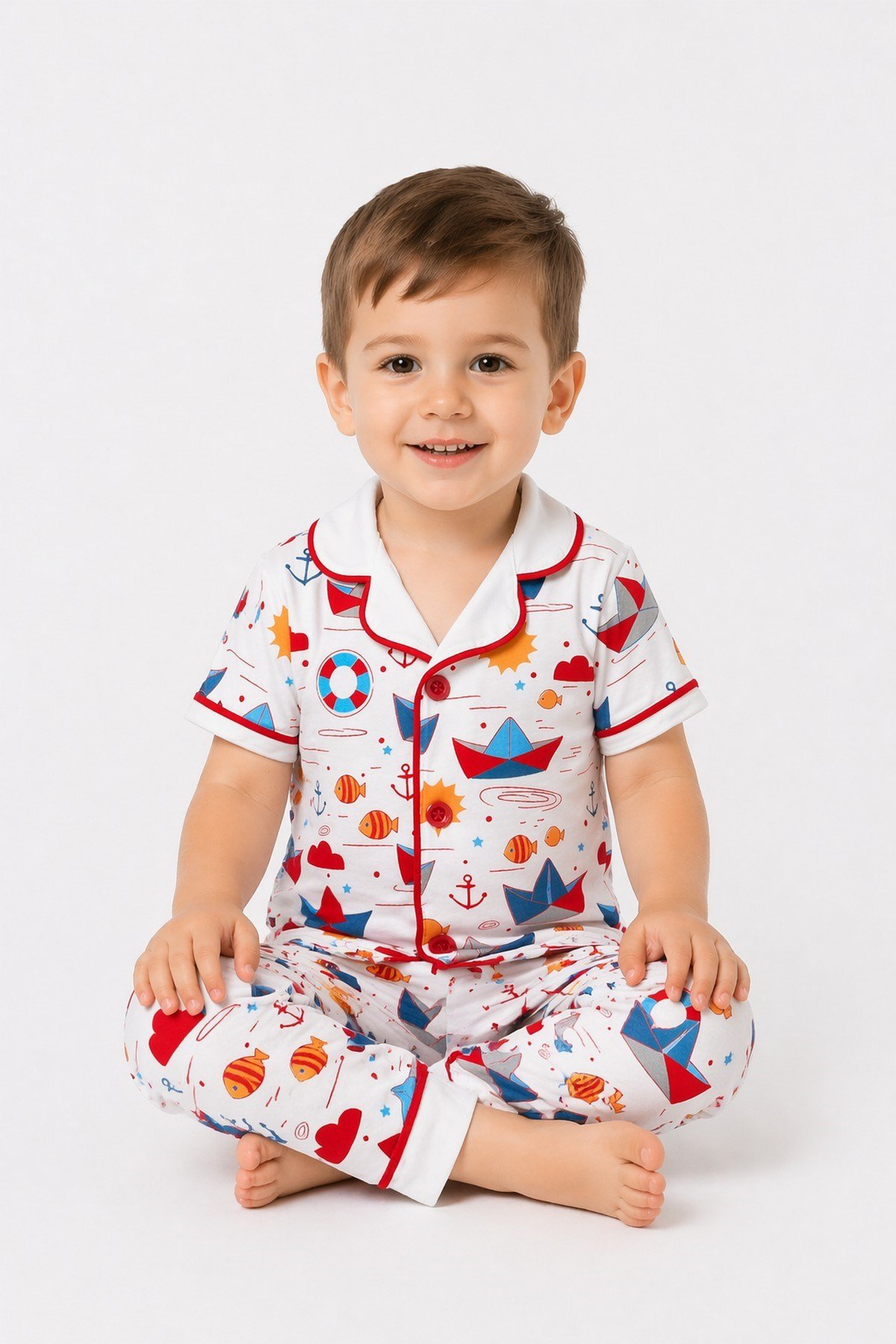 Erkek Bebek/Çocuk Deniz Temalı Yazlık Pijama Takımı Kısa Kollu %100Pamuk 6-24ay 3-6yaş