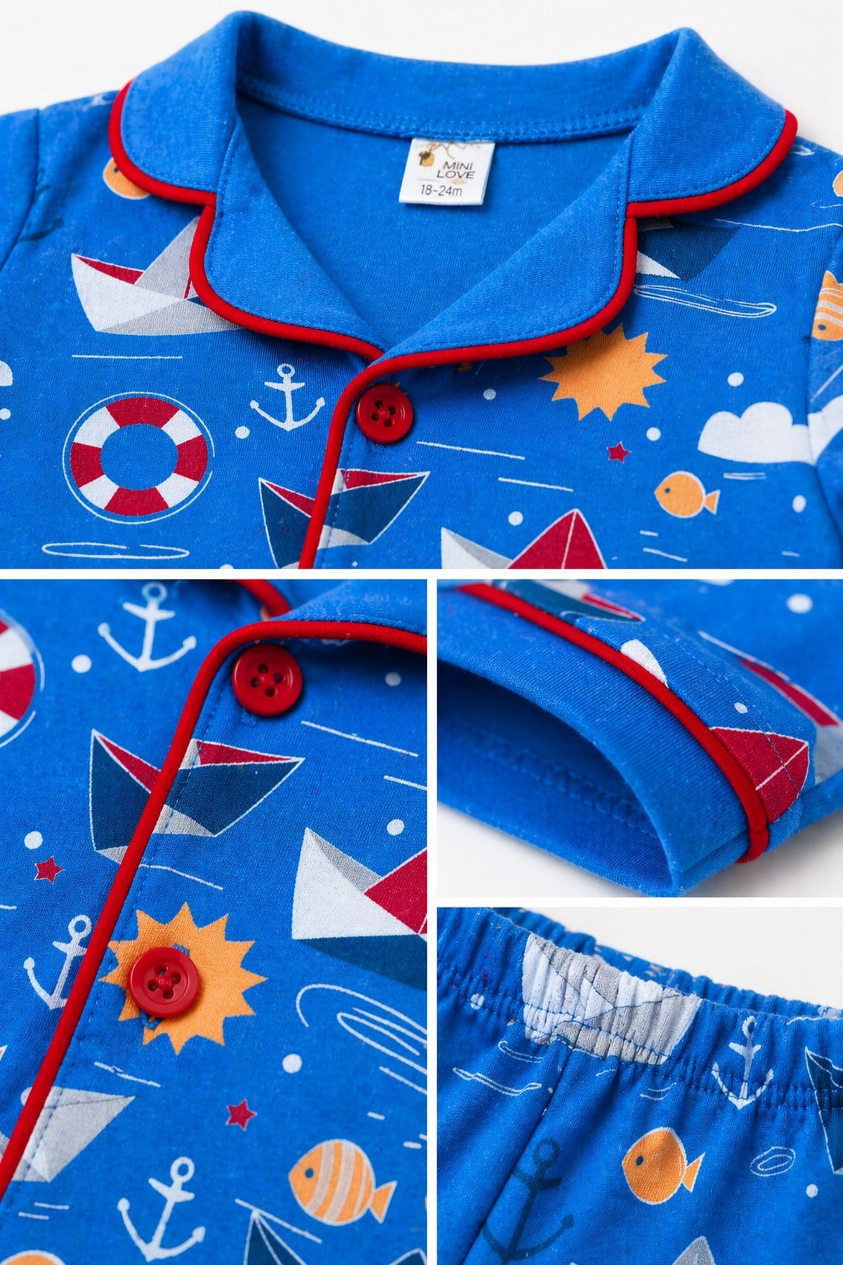 Erkek Bebek/Çocuk Deniz Temalı Yazlık Pijama Takımı Kısa Kollu %100Pamuk 6-24ay 3-6yaş