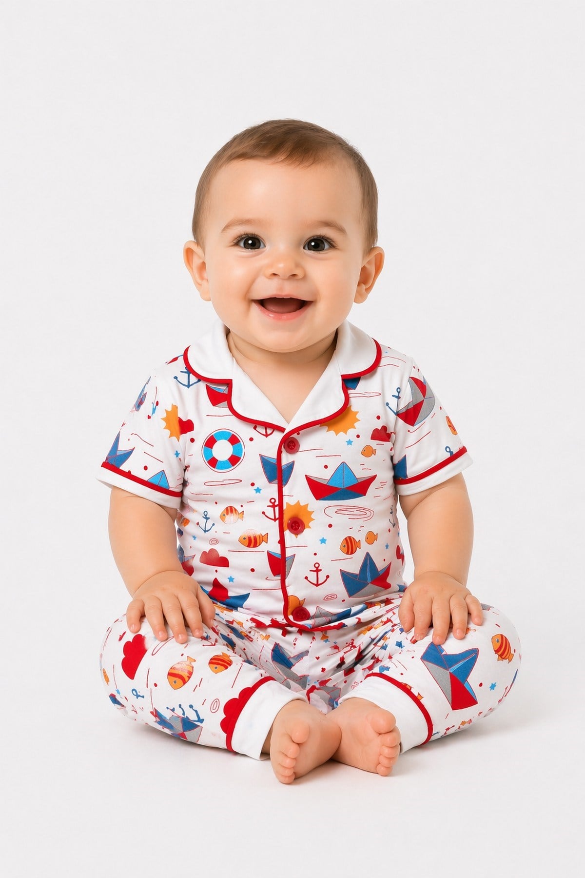 Erkek Bebek/Çocuk Deniz Temalı Yazlık Pijama Takımı Kısa Kollu %100Pamuk 6-24ay 3-6yaş