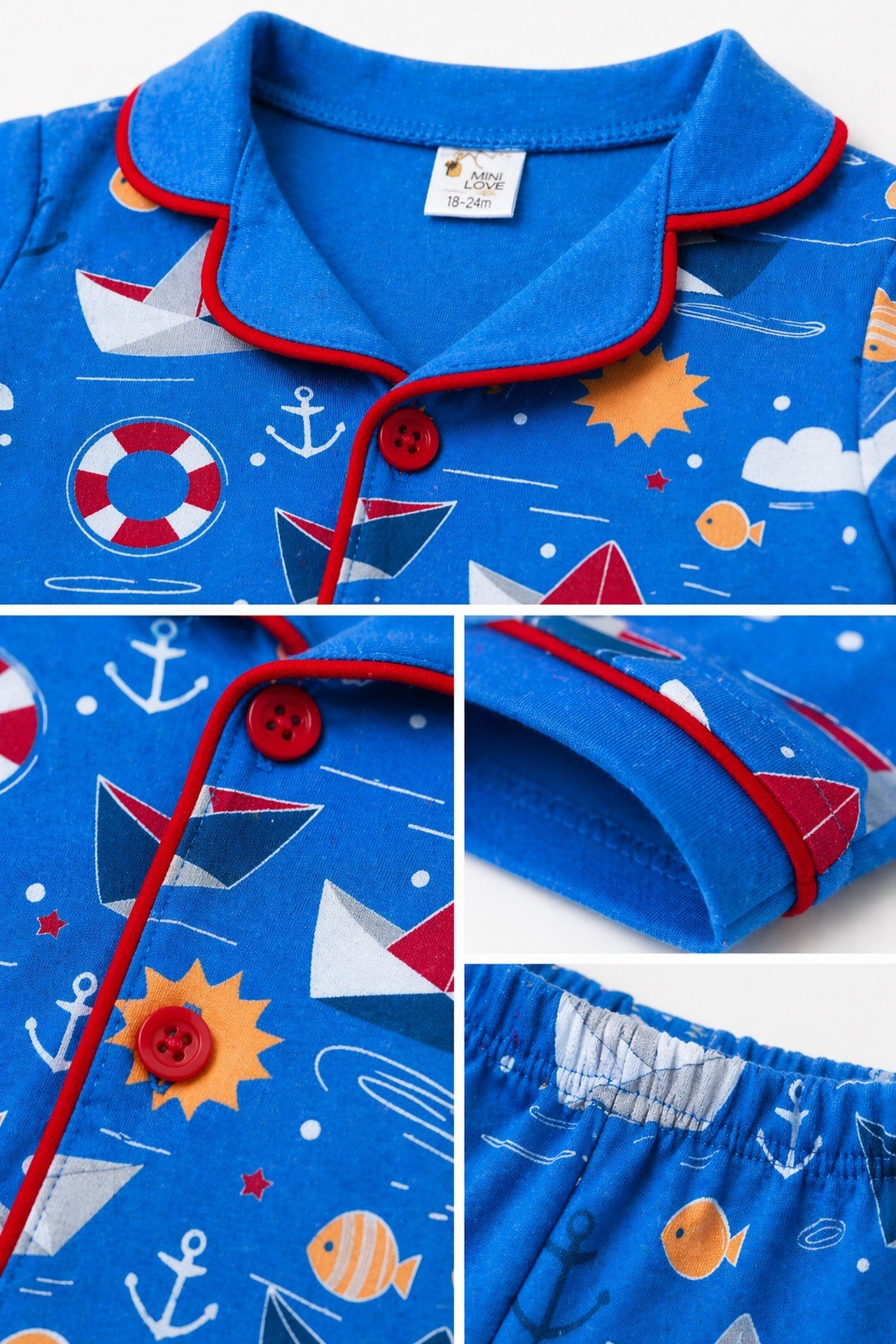 Erkek Bebek/Çocuk Deniz Temalı Yazlık Pijama Takımı Kısa Kollu %100Pamuk 6-24ay 3-6yaş