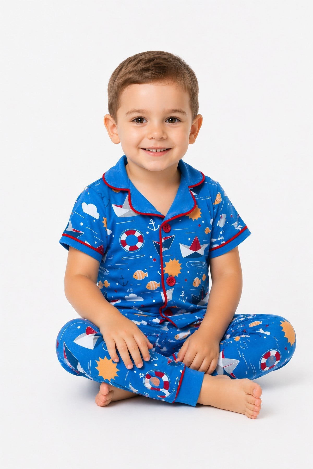 Erkek Bebek/Çocuk Deniz Temalı Yazlık Pijama Takımı Kısa Kollu %100Pamuk 6-24ay 3-6yaş