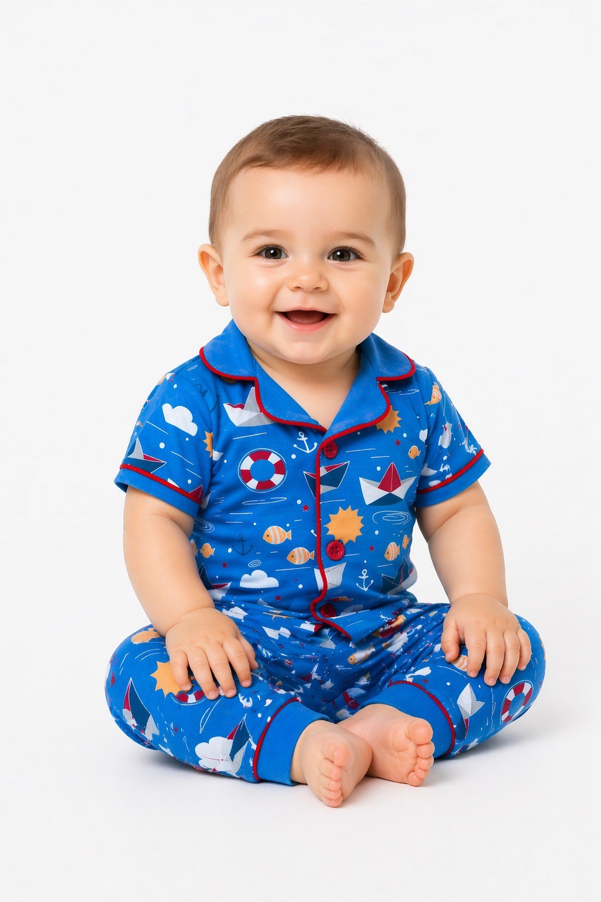 Erkek Bebek/Çocuk Deniz Temalı Yazlık Pijama Takımı Kısa Kollu %100Pamuk 6-24ay 3-6yaş