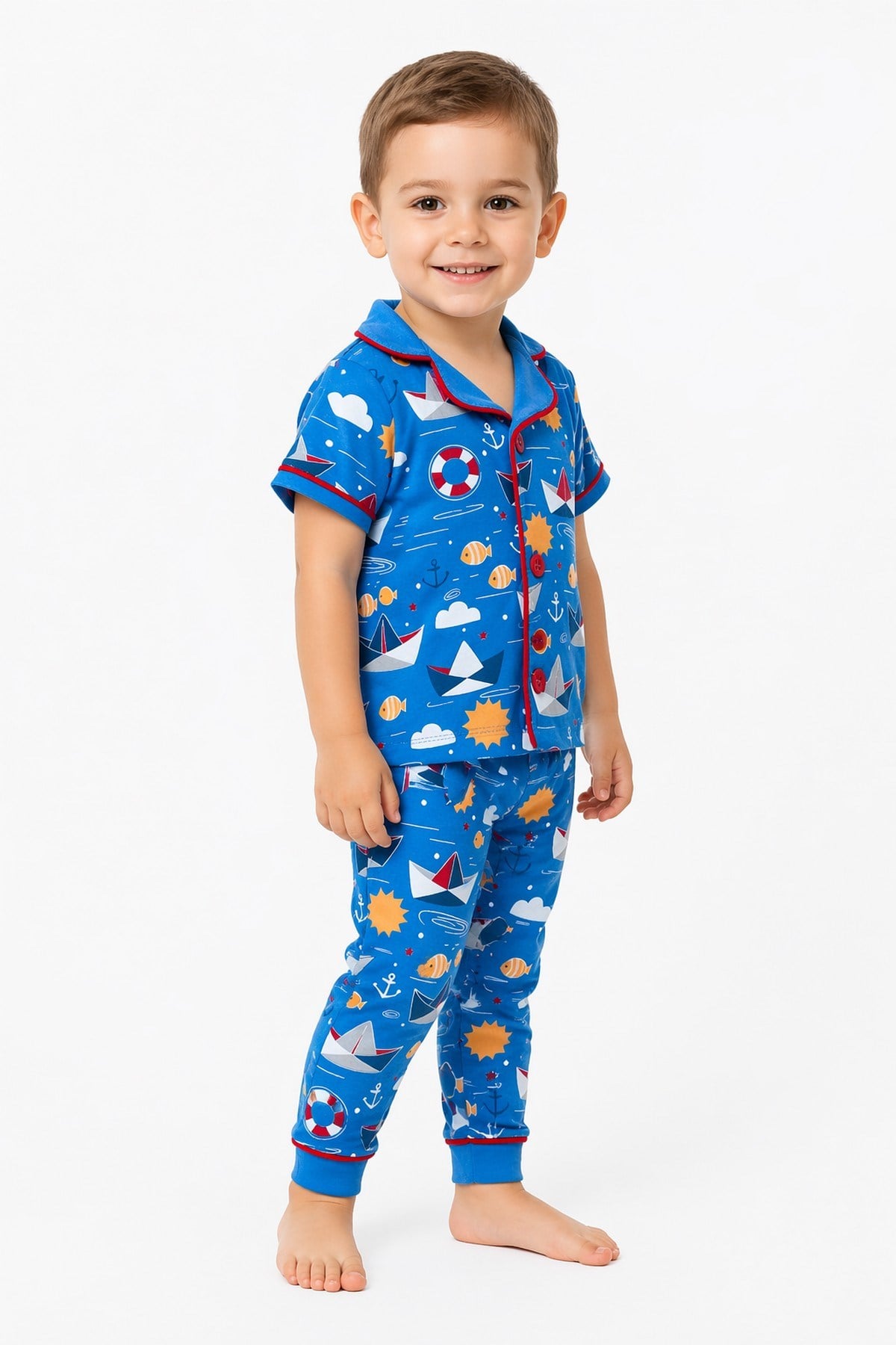 Erkek Bebek/Çocuk Deniz Temalı Yazlık Pijama Takımı Kısa Kollu %100Pamuk 6-24ay 3-6yaş