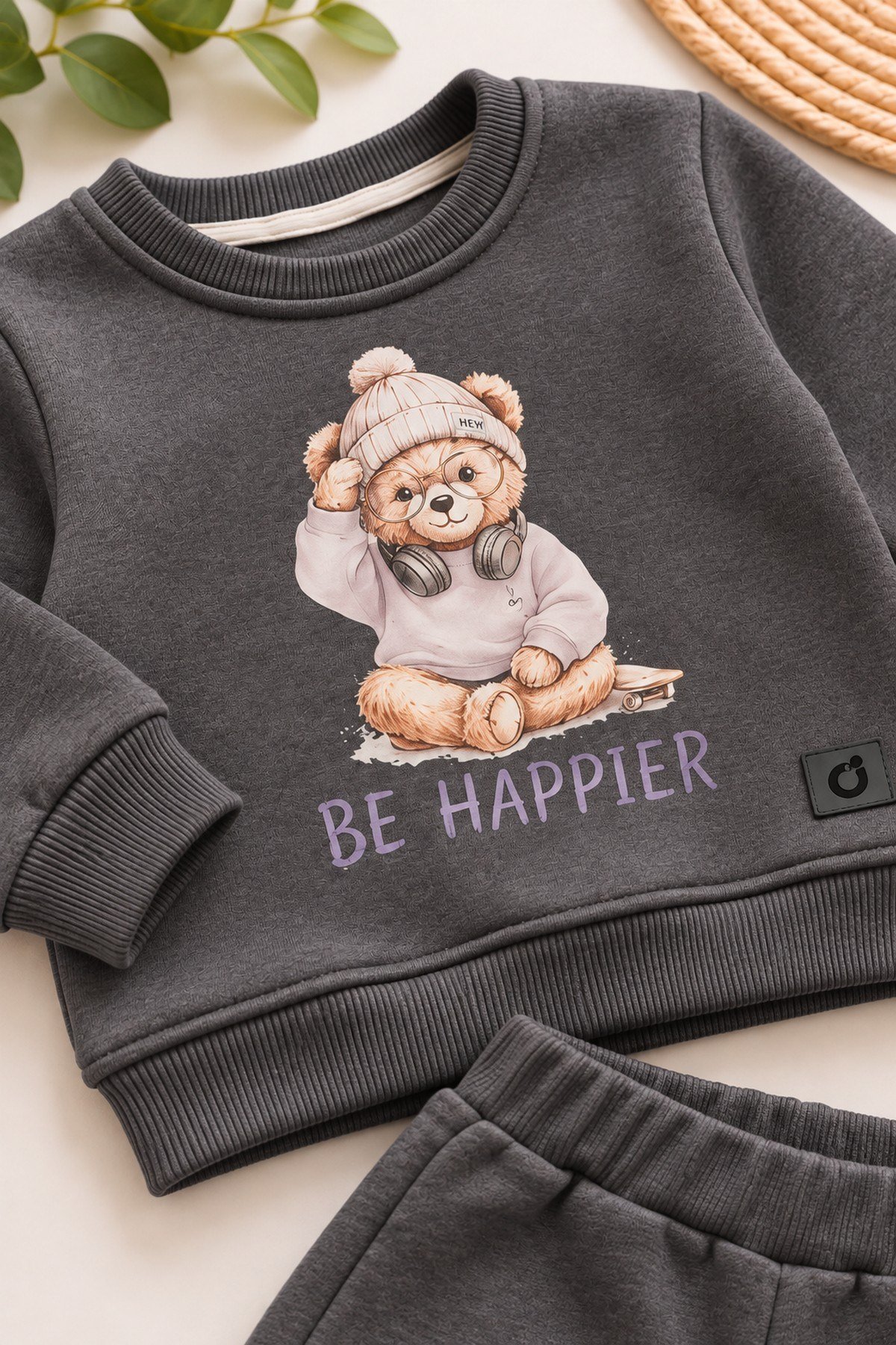 Erkek Çocuk Ayıcık Baskılı Şardonlu Bisiklet Yaka Sweatshirt ve Eşofman Altı 2'li Takım 2-5yaş