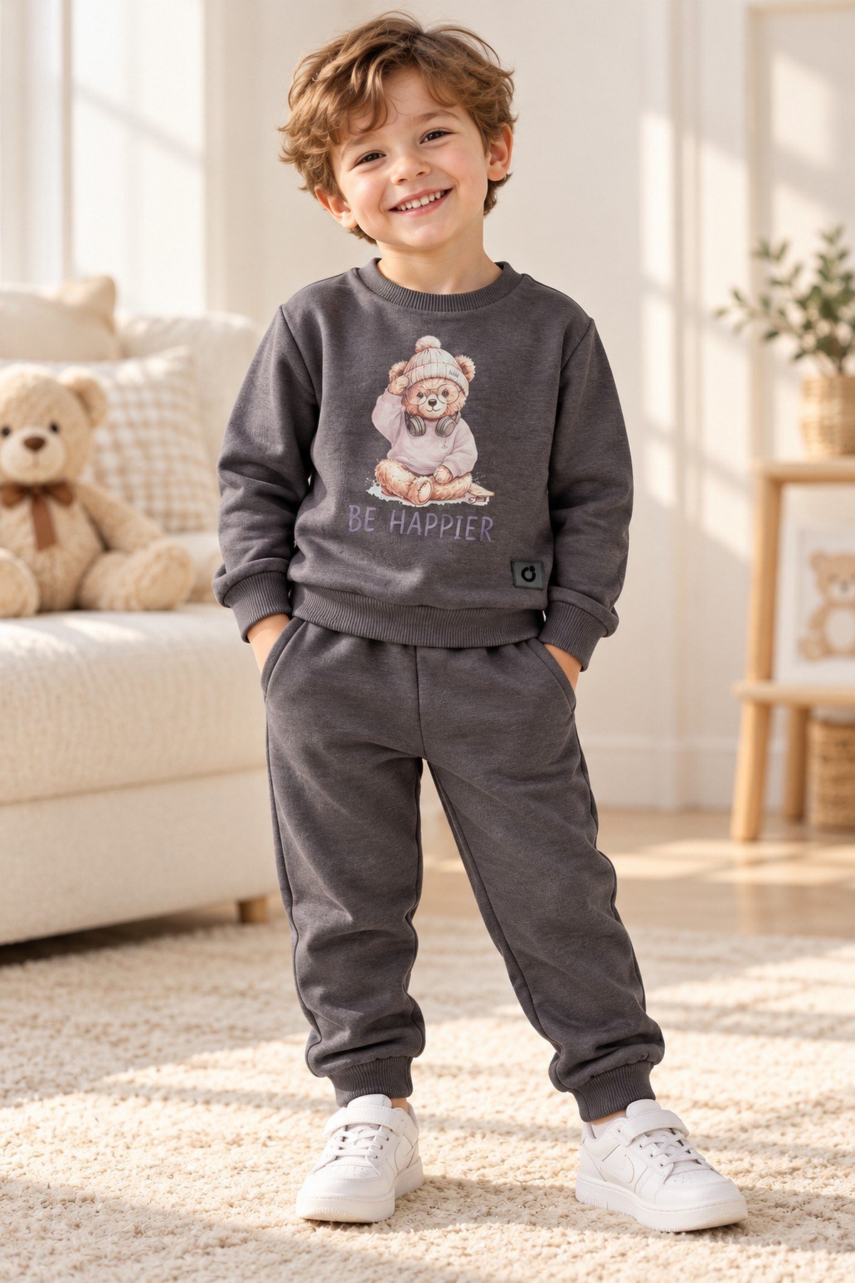 Erkek Çocuk Ayıcık Baskılı Şardonlu Bisiklet Yaka Sweatshirt ve Eşofman Altı 2'li Takım 2-5yaş